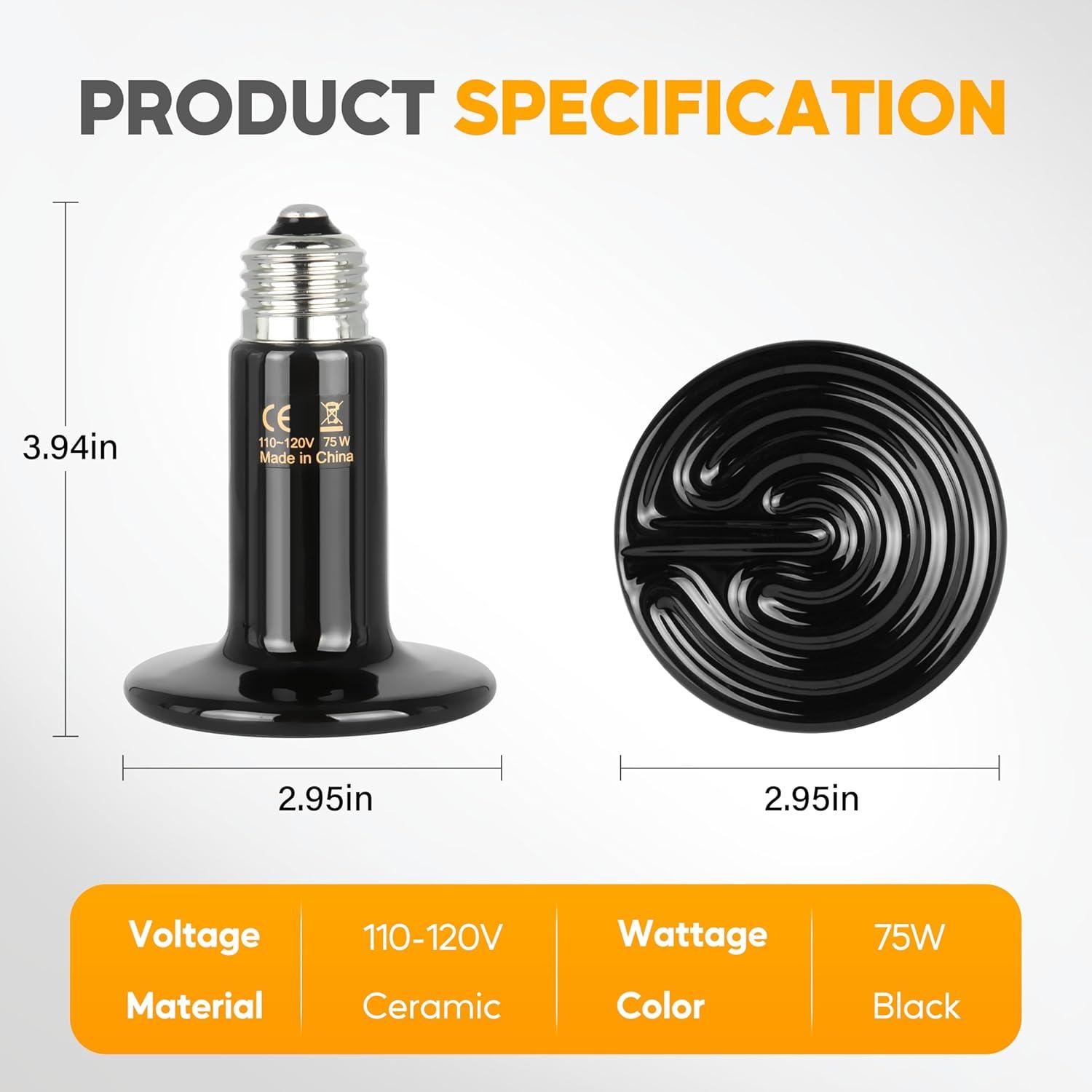 imageHealSmart Reptile Heat Lamp Bulb Ceramic Heat Emitter 100W No Light Emitting Brooder Coop Heater for Amphibian Pet ampamp Incubating Chicken Black75 Watts