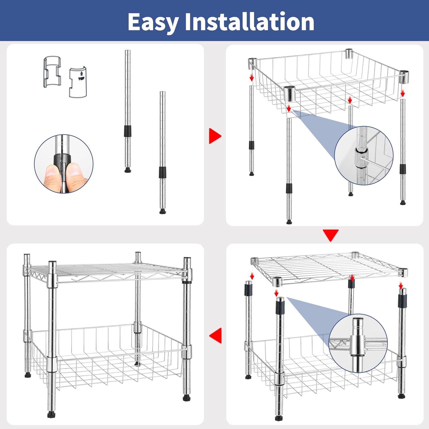 imageYSSOA HealSmart 2Tier Shelving Unit 15quot W x 138quot D x 15quot H Wire Metal Stackable Storage with Basket ChromeChrome