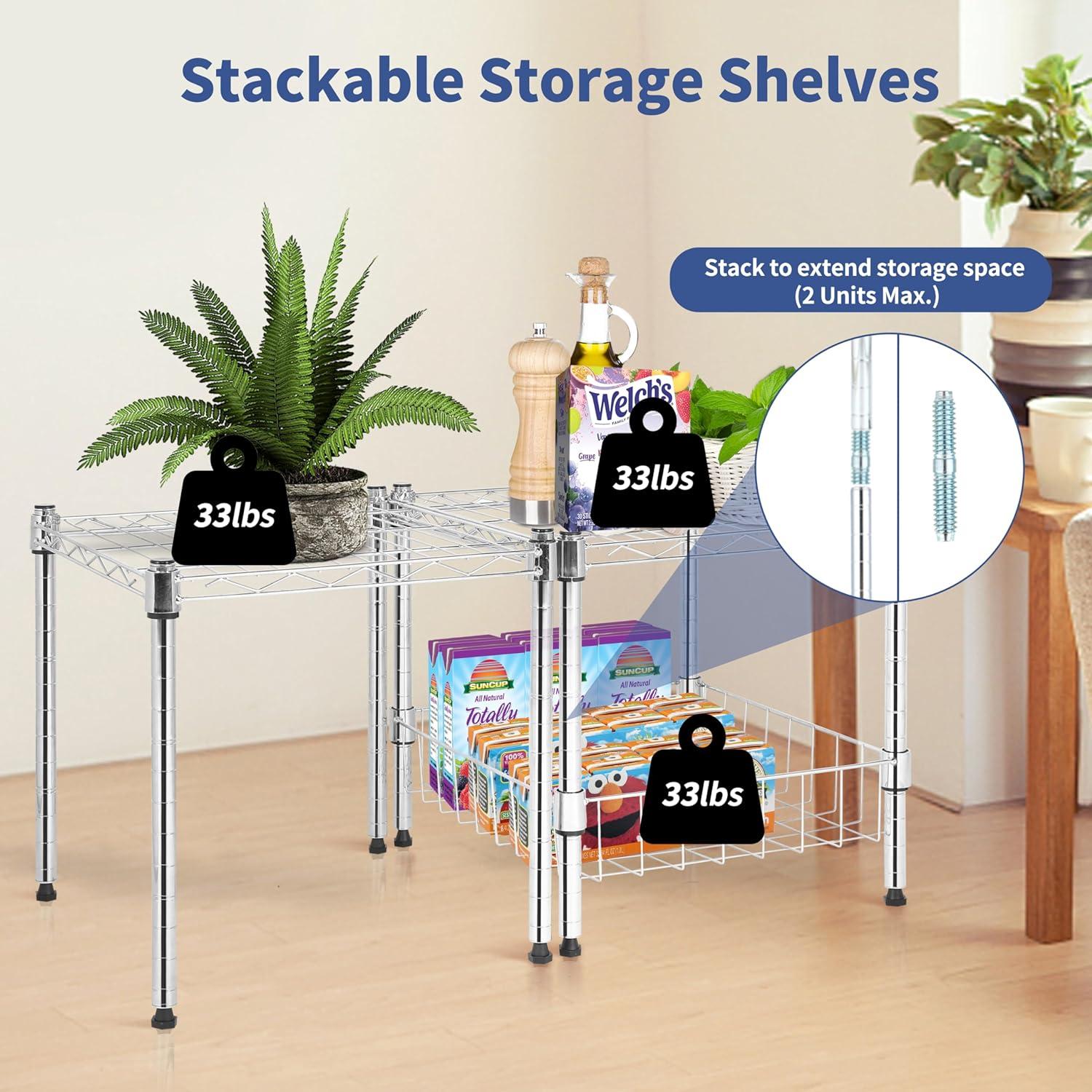 imageYSSOA HealSmart 2Tier Shelving Unit 15quot W x 138quot D x 15quot H Wire Metal Stackable Storage with Basket ChromeChrome