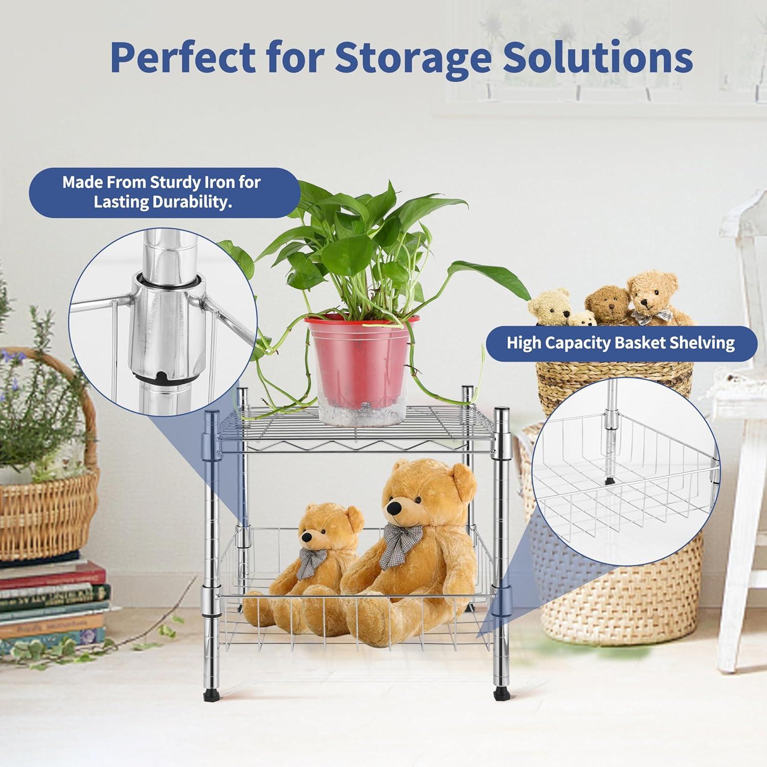 imageYSSOA HealSmart 2Tier Shelving Unit 15quot W x 138quot D x 15quot H Wire Metal Stackable Storage with Basket ChromeChrome