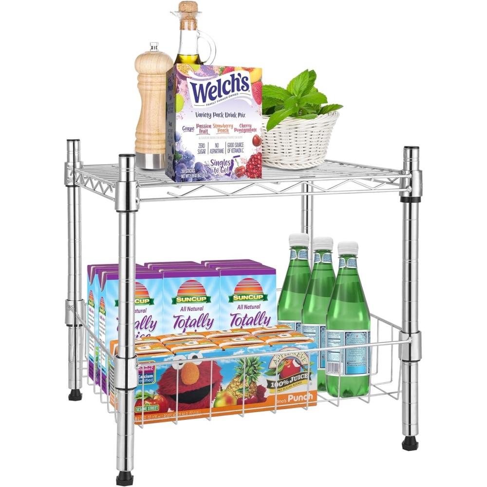 imageYSSOA HealSmart 2Tier Shelving Unit 15quot W x 138quot D x 15quot H Wire Metal Stackable Storage with Basket ChromeChrome
