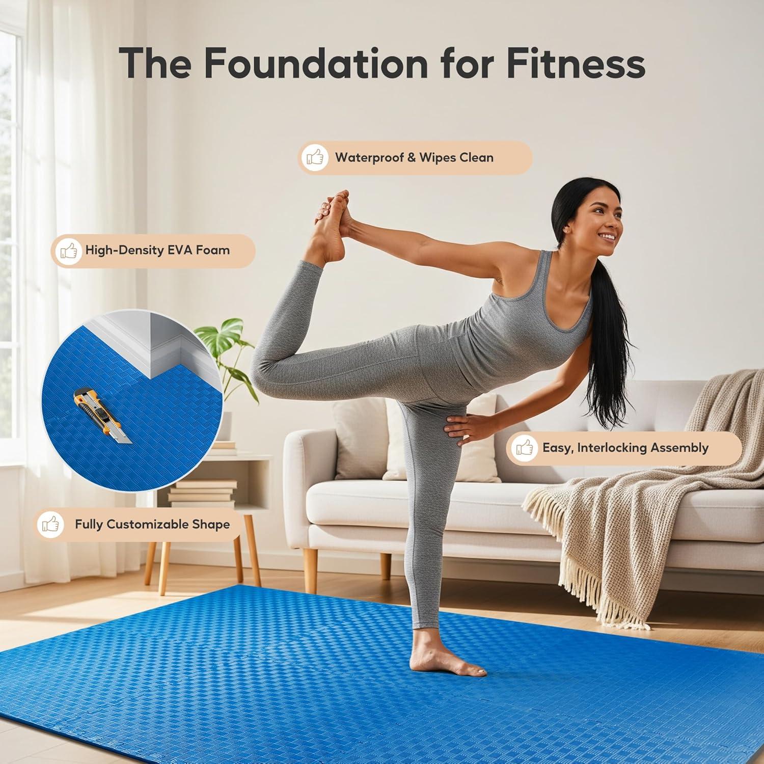 imageHealSmart  Inch Puzzle Exercise Mat HighDensity EVA Foam Floor Tiles for Home Gym Workout Equipment Protective Floor Padding ampamp Kids Play Areas Black 24 Sq Ft  6 TilesBlue1 Thick