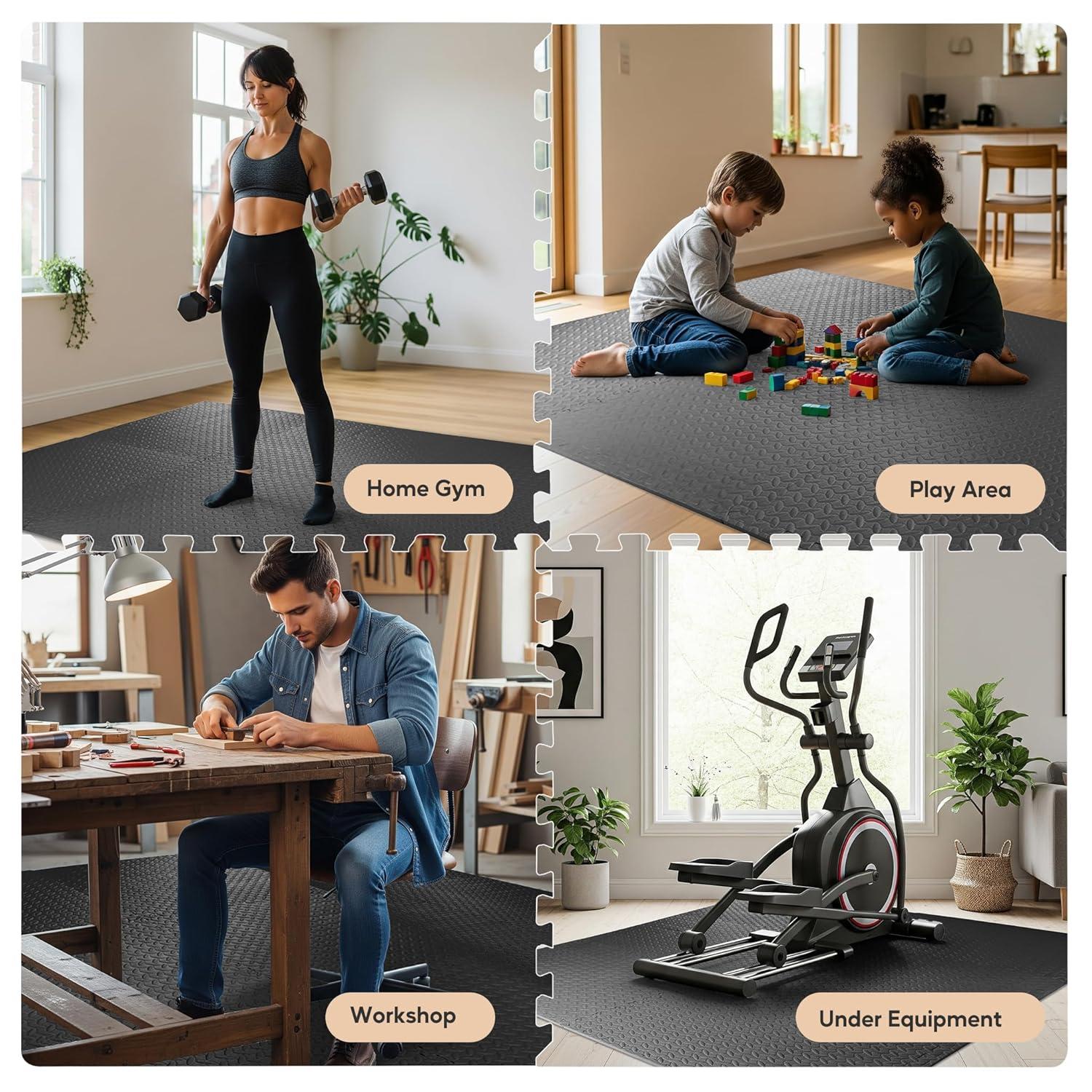 imageHealSmart  Inch Puzzle Exercise Mat HighDensity EVA Foam Floor Tiles for Home Gym Workout Equipment Protective Floor Padding ampamp Kids Play Areas Black 24 Sq Ft  6 TilesBlack34 Thick