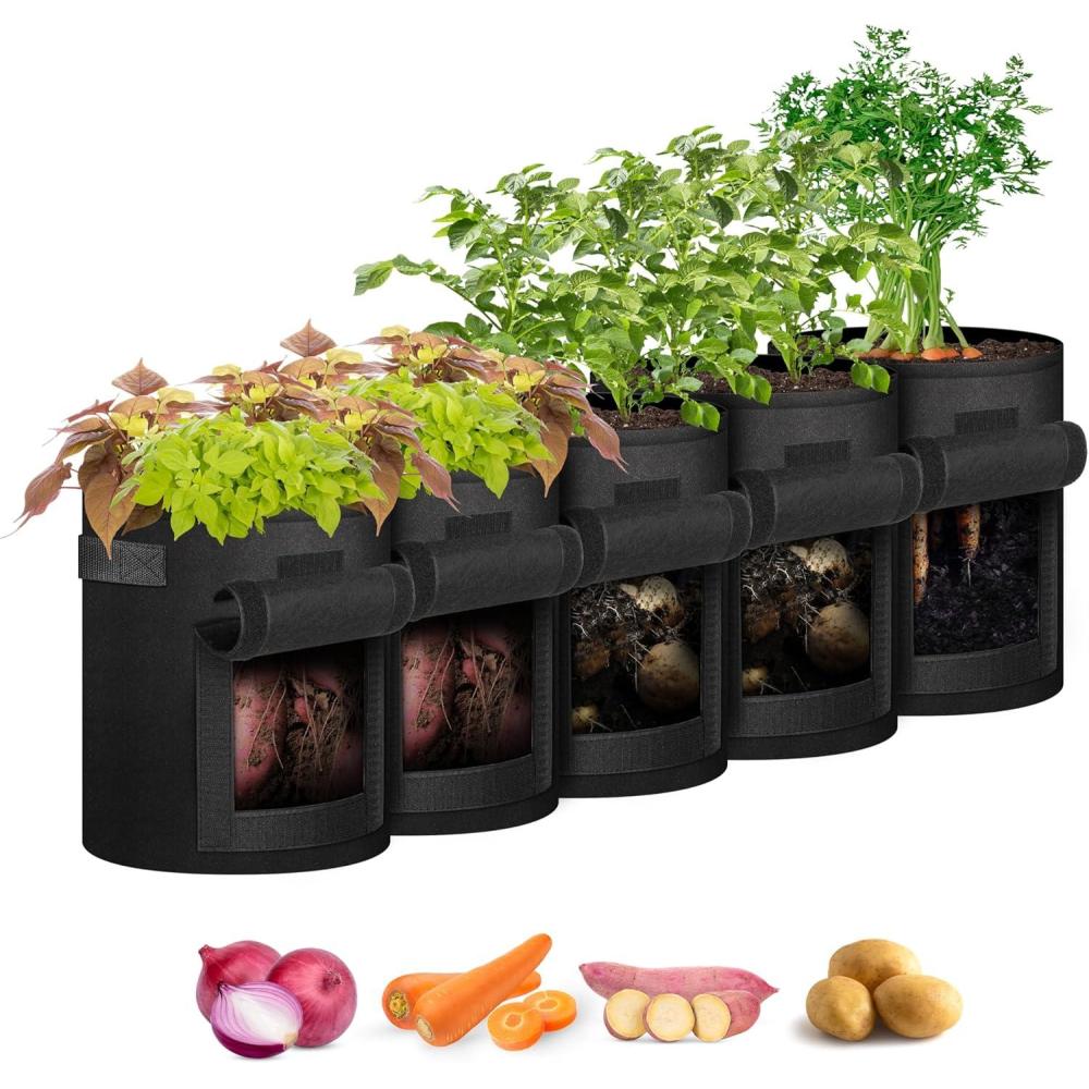 imageHealSmart 5Pack 5Gallon Potato Grow Bags Planter Pots with Handle Access Flap and Visual Window Easy to Harvest Thickened NonWoven Aeration Fabric Container for Tomato Carrot FruitsBlack