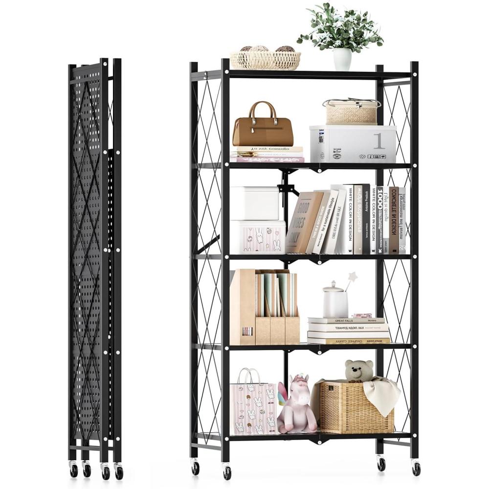 imageHealSmart Heavy Duty 5Shelf Storage Shelves 1750Lb Loading Capacity 3543quot W x 1772quot D x 7087quot H Adjustable Shelving Unit with Wheels Chrome5Shelf  Foldable
