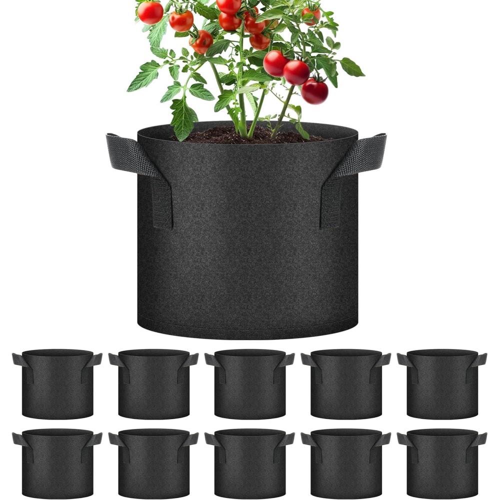 imageHealSmart Plant Grow Bags 5 Gallon Tomoato Planter Pots 5Pack with Handles Aeration Nonwoven Fabric Heavy Duty Gardening Planter for Vegetable Herbs and Flowers Black2025version Black  10 Pack