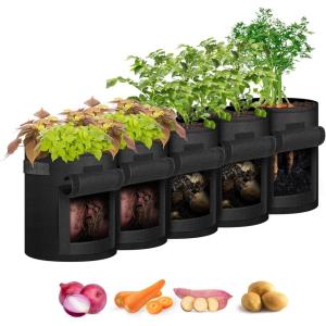 imageHealSmart 5Pack 5Gallon Potato Grow Bags Planter Pots with Handle Access Flap and Visual Window Easy to Harvest Thickened NonWoven Aeration Fabric Container for Tomato Carrot FruitsBlack