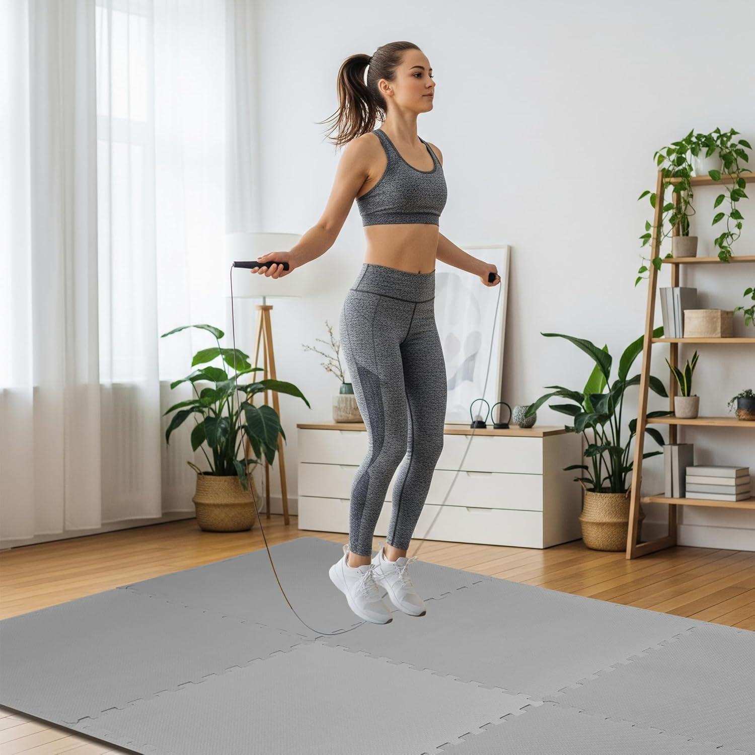 imageHealSmart 05quot Thick 24 Sq Ft Exercise Floor Mat EVA Interlocking Foam Floor Tiles Fitness Flooring for Workout Protective Padding for Home Gym Gear ampamp Kids Playroom BlackGrey6tiles24 Sq Ft