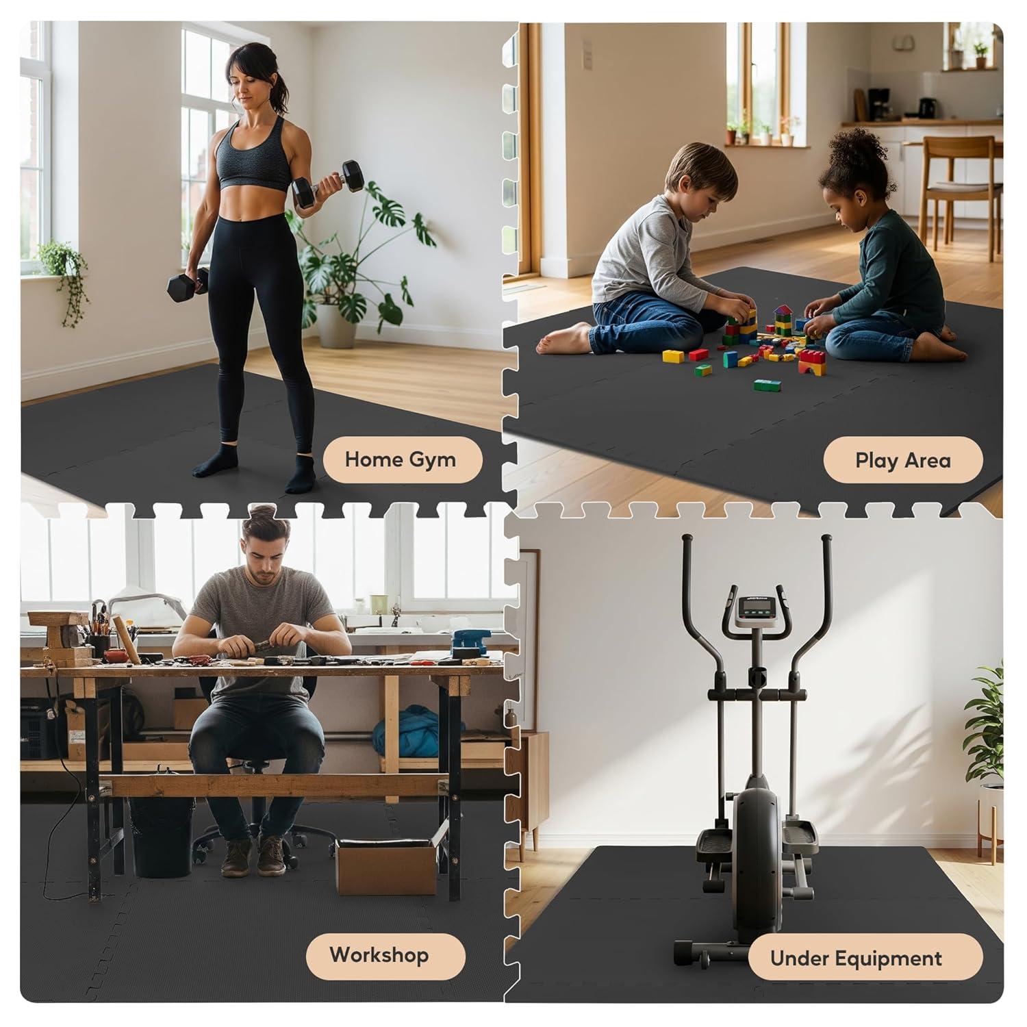 imageHealSmart 05quot Thick 24 Sq Ft Exercise Floor Mat EVA Interlocking Foam Floor Tiles Fitness Flooring for Workout Protective Padding for Home Gym Gear ampamp Kids Playroom BlackBlack12tiles48 Sq Ft