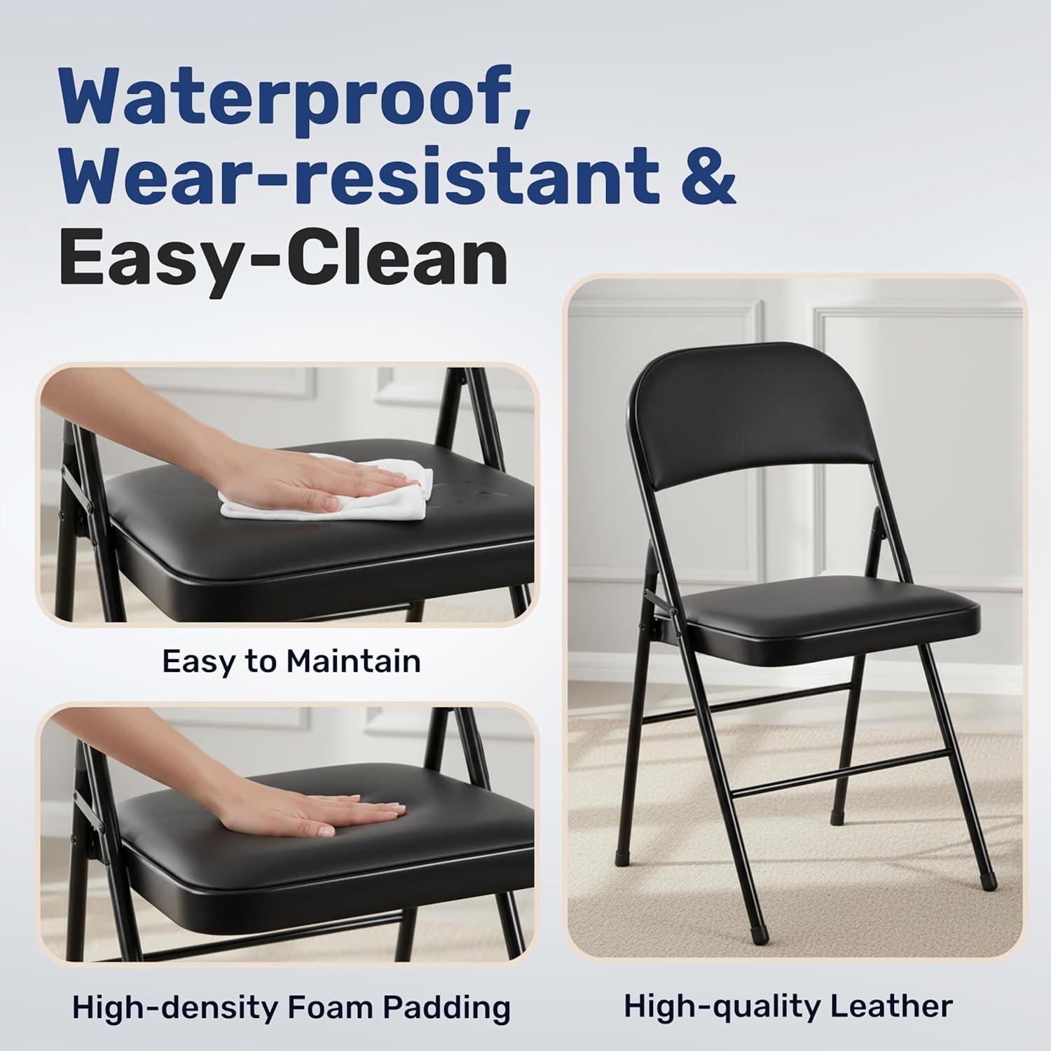 imageHealSmart 4 Pcs Folding Chairs with Leather Padded Cushion Seats Back ampamp Sturdy Metal Frame Stackable Portable Commercial Event Seat Indoor Outdoor for Parties Home Event Office Tan2Pcs Black with Leather Cushion