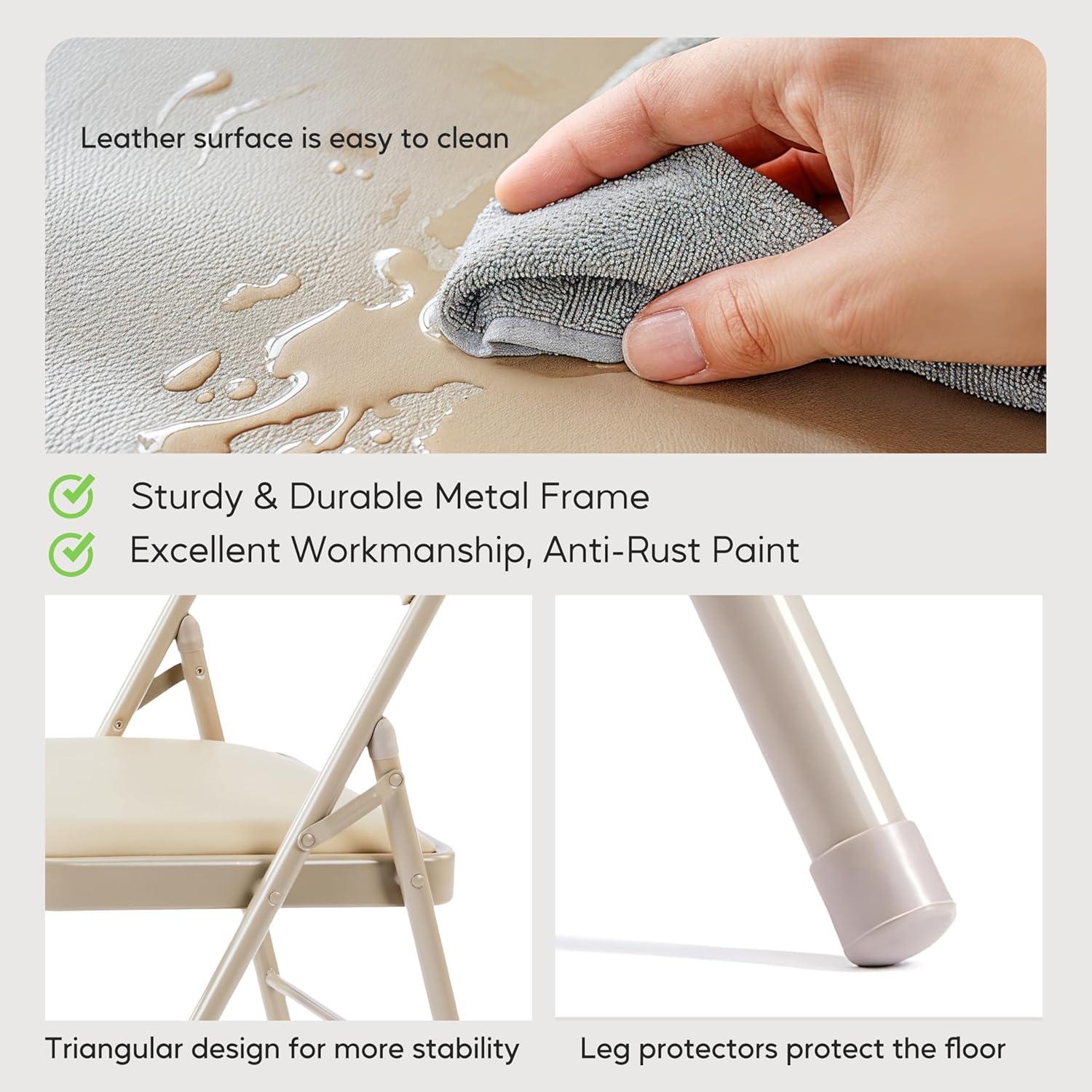 imageHealSmart 4 Pcs Folding Chairs with Leather Padded Cushion Seats Back ampamp Sturdy Metal Frame Stackable Portable Commercial Event Seat Indoor Outdoor for Parties Home Event Office TanKahki with Leather Cushion