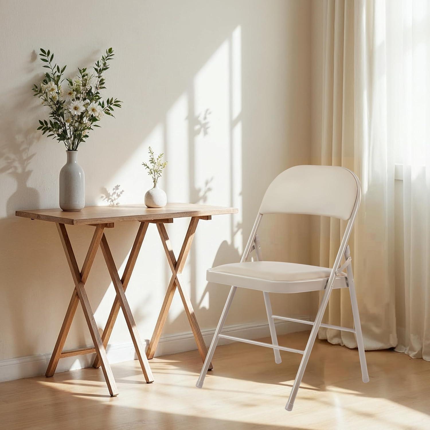 imageHealSmart 4 Pcs Folding Chairs with Leather Padded Cushion Seats Back ampamp Sturdy Metal Frame Stackable Portable Commercial Event Seat Indoor Outdoor for Parties Home Event Office TanKahki with Leather Cushion