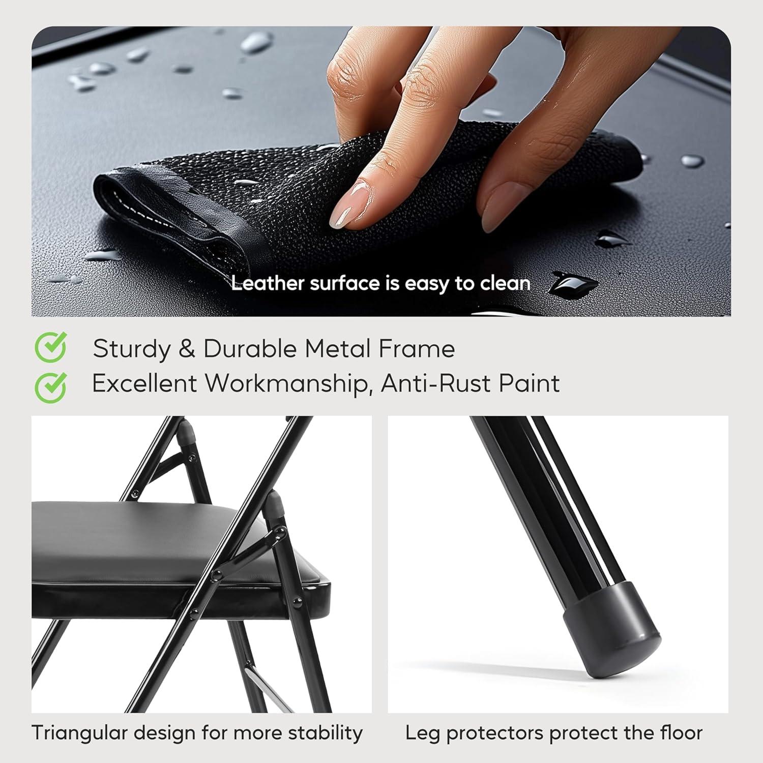 imageHealSmart 4 Pcs Folding Chairs with Leather Padded Cushion Seats Back ampamp Sturdy Metal Frame Stackable Portable Commercial Event Seat Indoor Outdoor for Parties Home Event Office Tan2pcs Classic Black