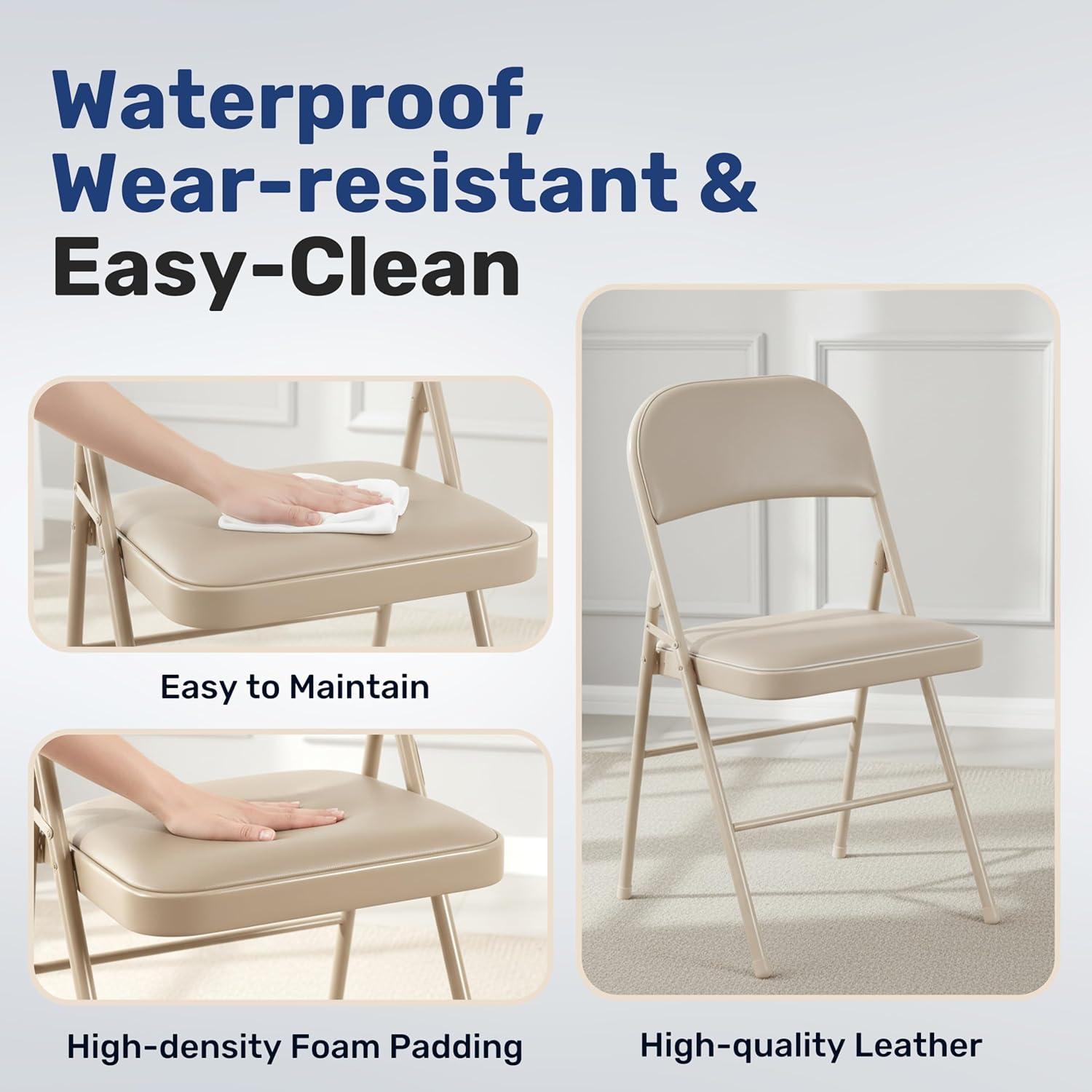 imageHealSmart 4 Pcs Folding Chairs with Leather Padded Cushion Seats Back ampamp Sturdy Metal Frame Stackable Portable Commercial Event Seat Indoor Outdoor for Parties Home Event Office Tan4pcs Classic Kahki with Leather Cushion