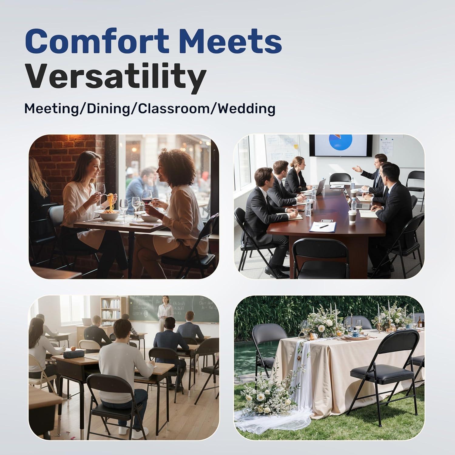 imageHealSmart 4 Pcs Folding Chairs with Leather Padded Cushion Seats Back ampamp Sturdy Metal Frame Stackable Portable Commercial Event Seat Indoor Outdoor for Parties Home Event Office Tan2Pcs Black with Leather Cushion