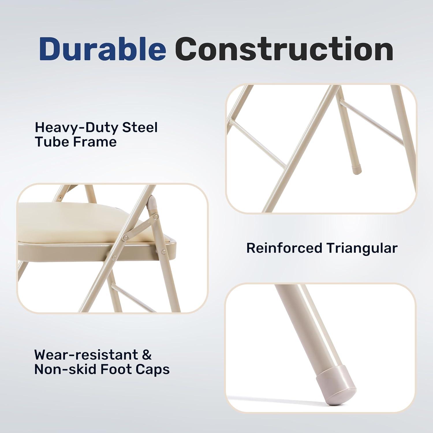 imageHealSmart 4 Pcs Folding Chairs with Leather Padded Cushion Seats Back ampamp Sturdy Metal Frame Stackable Portable Commercial Event Seat Indoor Outdoor for Parties Home Event Office Tan4pcs Classic Kahki with Leather Cushion