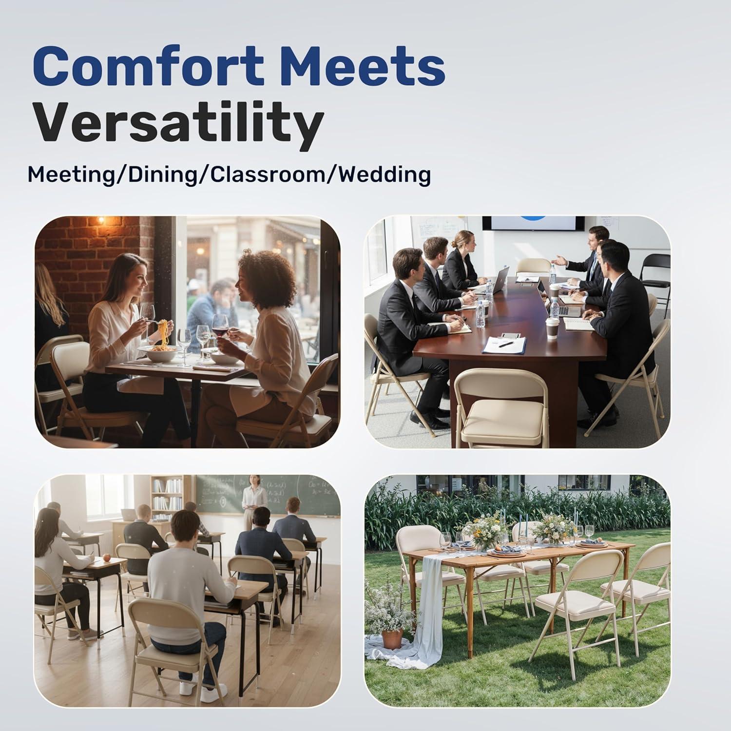 imageHealSmart 4 Pcs Folding Chairs with Leather Padded Cushion Seats Back ampamp Sturdy Metal Frame Stackable Portable Commercial Event Seat Indoor Outdoor for Parties Home Event Office Tan4pcs Classic Kahki with Leather Cushion