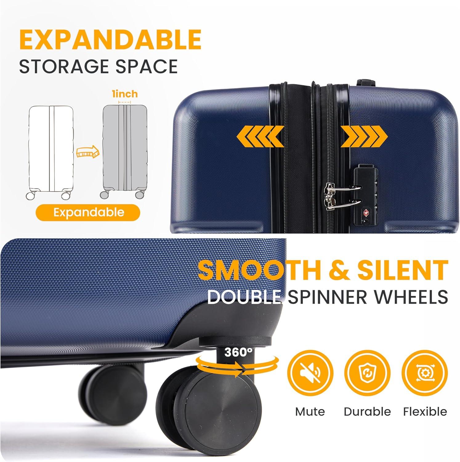 imageHealSmart Hardside CarryOn Luggage Expandable Portable Hardshell Spinner Wheels Lightweight Suitcase TSA Lock Blue 20 inchBlue