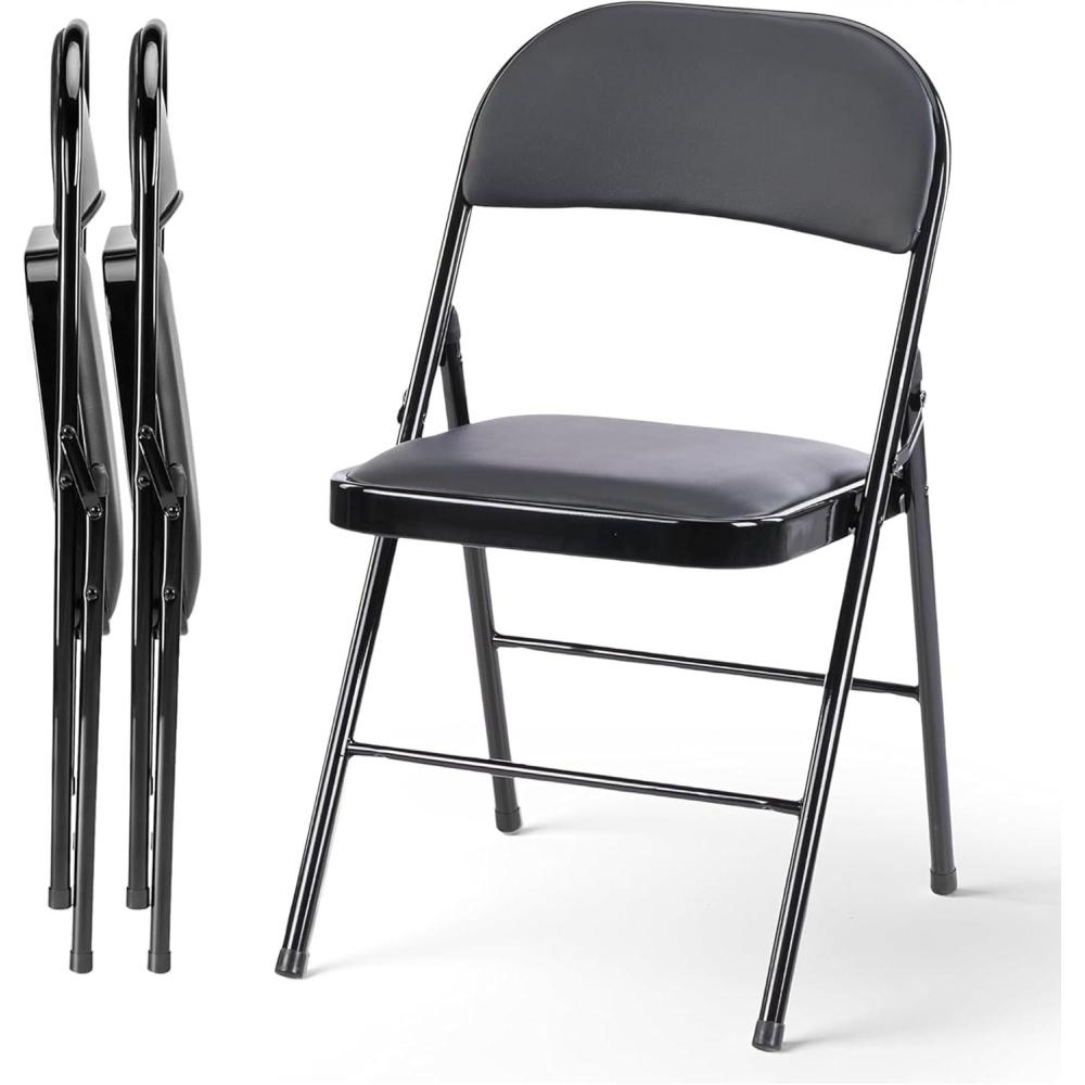 imageHealSmart 4 Pcs Folding Chairs with Leather Padded Cushion Seats Back ampamp Sturdy Metal Frame Stackable Portable Commercial Event Seat Indoor Outdoor for Parties Home Event Office Tan2pcs Classic Black