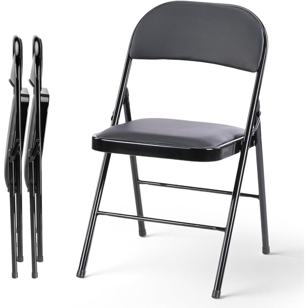 imageHealSmart 4 Pcs Folding Chairs with Leather Padded Cushion Seats Back ampamp Sturdy Metal Frame Stackable Portable Commercial Event Seat Indoor Outdoor for Parties Home Event Office Tan2Pcs Black with Leather Cushion