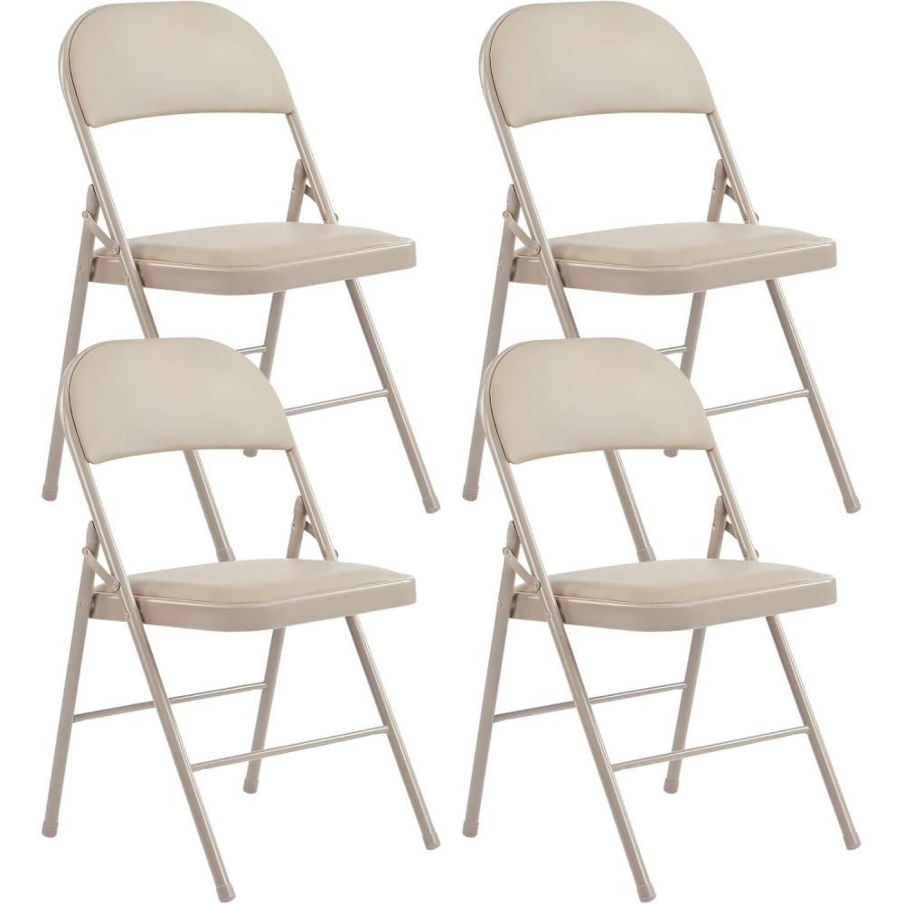 imageHealSmart 4 Pcs Folding Chairs with Leather Padded Cushion Seats Back ampamp Sturdy Metal Frame Stackable Portable Commercial Event Seat Indoor Outdoor for Parties Home Event Office Tan4pcs Classic Kahki with Leather Cushion