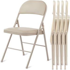 imageHealSmart 4 Pcs Folding Chairs with Leather Padded Cushion Seats Back ampamp Sturdy Metal Frame Stackable Portable Commercial Event Seat Indoor Outdoor for Parties Home Event Office Tan4pcs Kahki with Leather Cushion