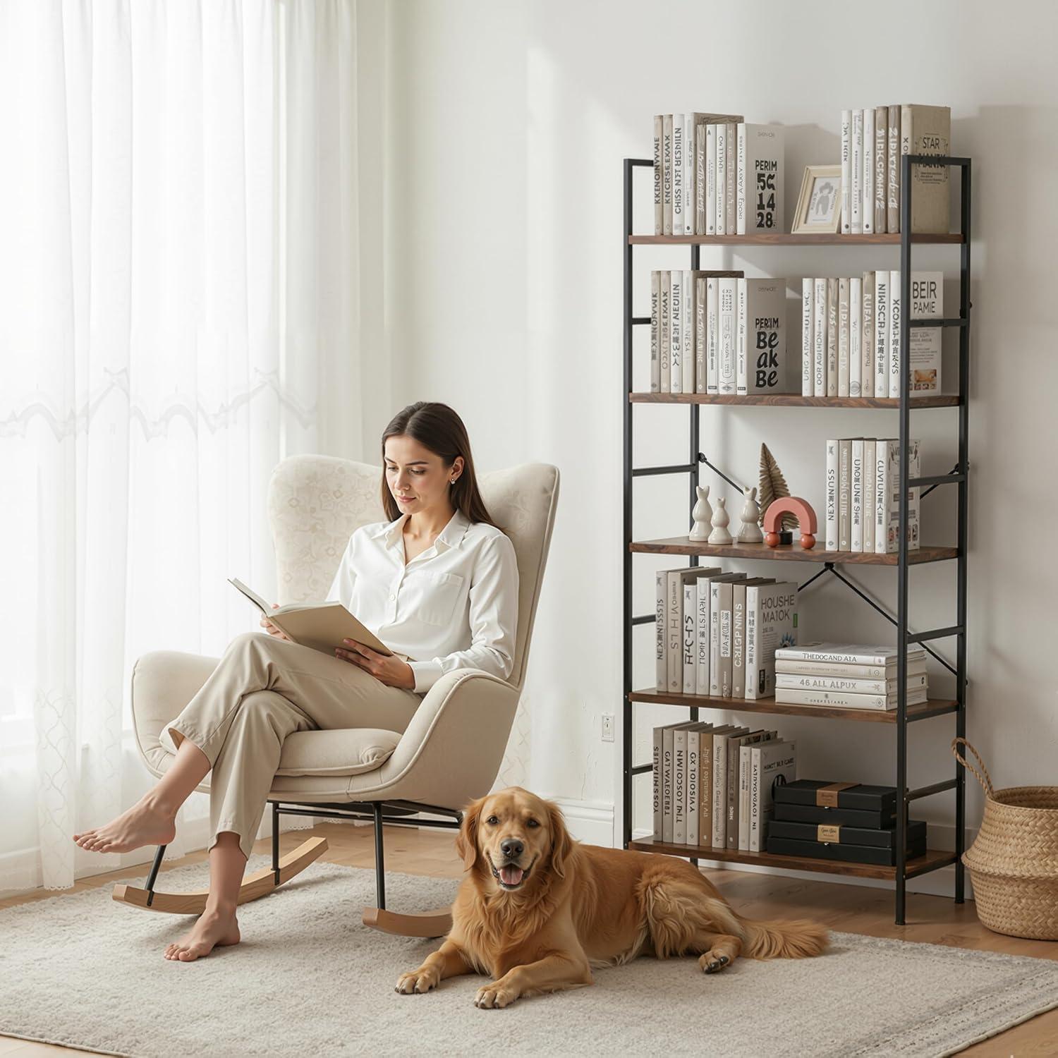 imageHealSmart 5 Tier Bookshelf Free Standing Book Shelf Home Office Bookcase Shelf Storage Organizer for Bedroom Living Room Bathroom Office Balcony Rustic BrownRustic Brown