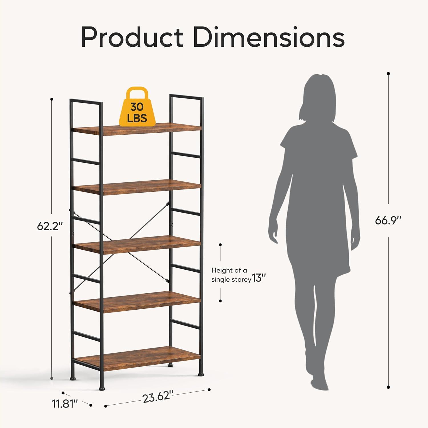 imageHealSmart 5 Tier Bookshelf Free Standing Book Shelf Home Office Bookcase Shelf Storage Organizer for Bedroom Living Room Bathroom Office Balcony Rustic BrownRustic Brown