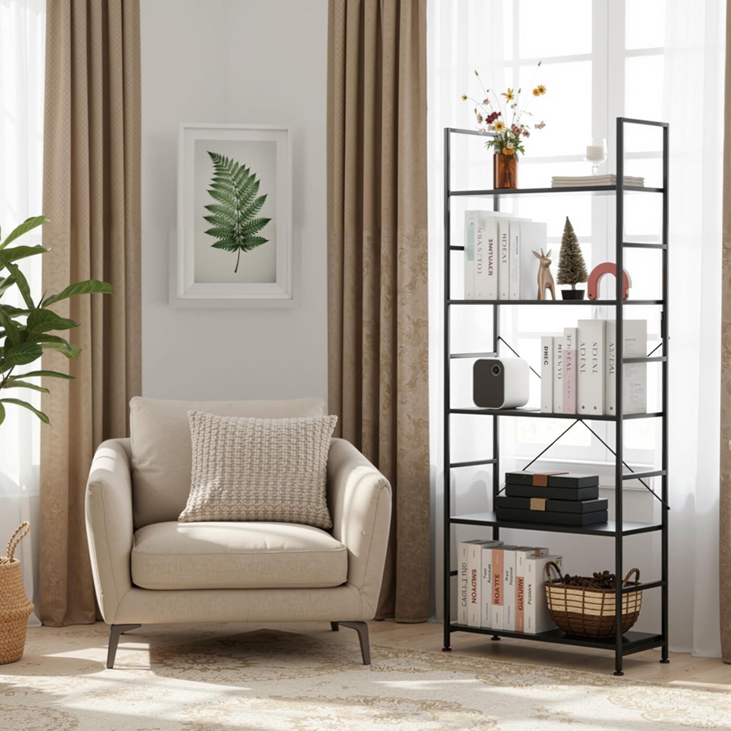 imageHealSmart 5 Tier Bookshelf Free Standing Book Shelf Home Office Bookcase Shelf Storage Organizer for Bedroom Living Room Bathroom Office Balcony Rustic BrownBlack