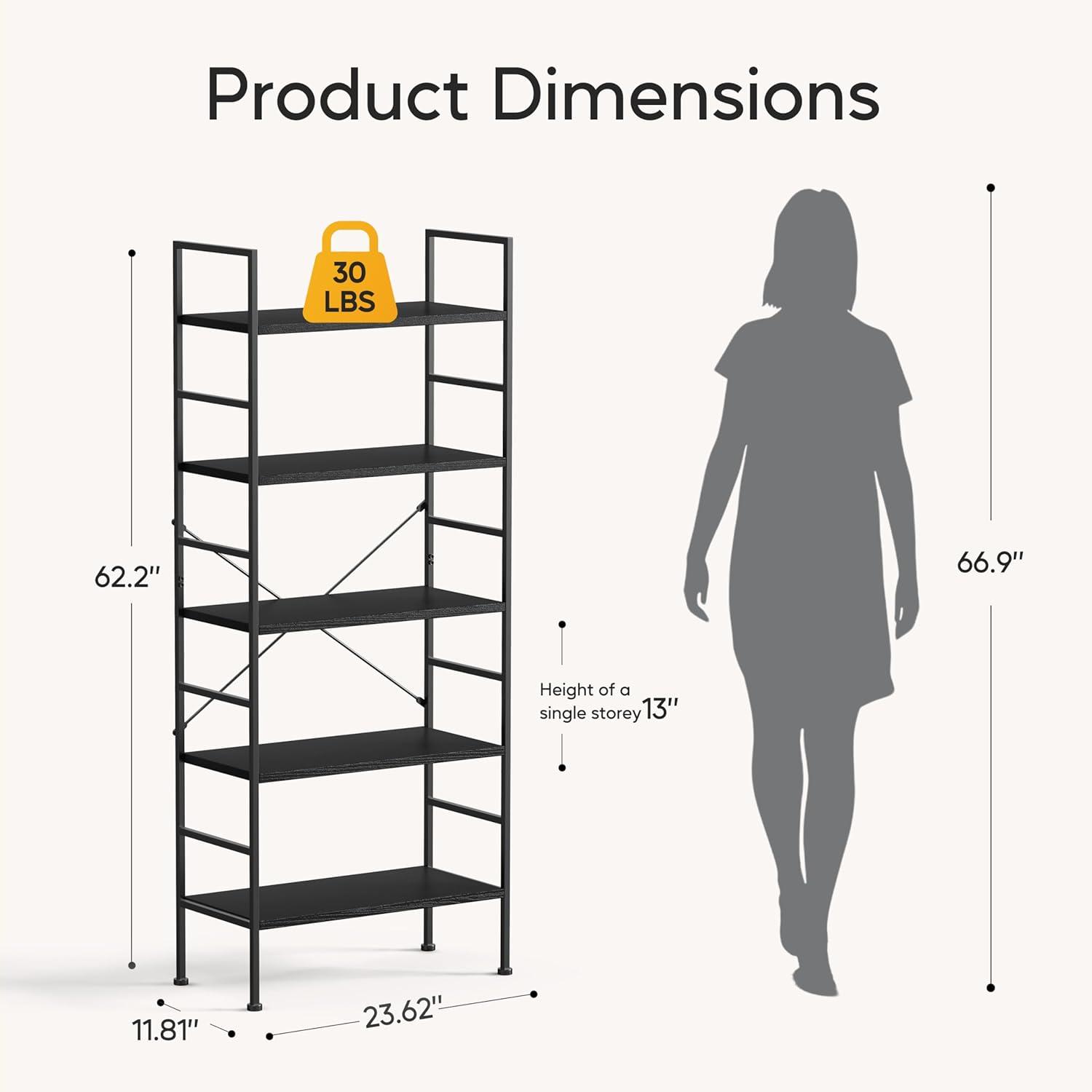 imageHealSmart 5 Tier Bookshelf Free Standing Book Shelf Home Office Bookcase Shelf Storage Organizer for Bedroom Living Room Bathroom Office Balcony Rustic BrownBlack