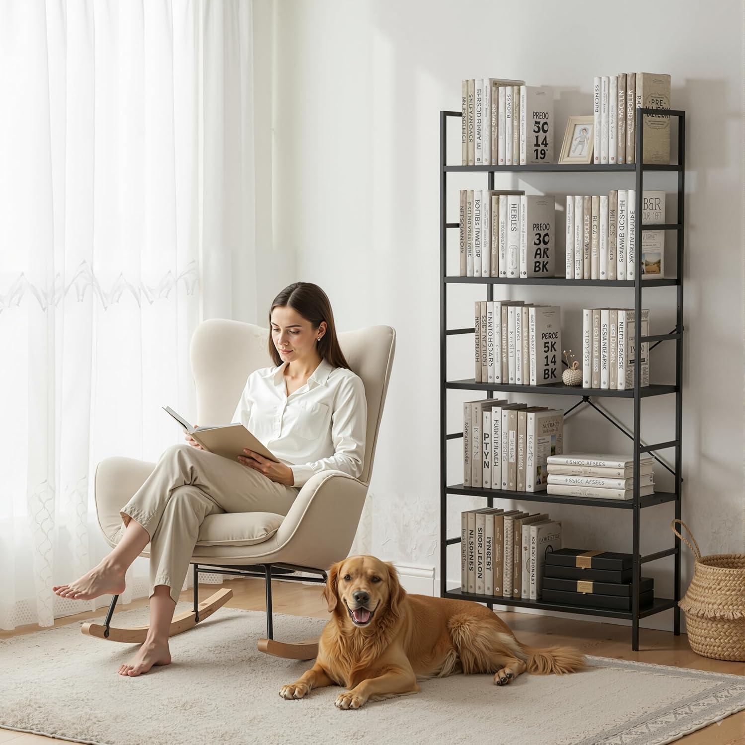 imageHealSmart 5 Tier Bookshelf Free Standing Book Shelf Home Office Bookcase Shelf Storage Organizer for Bedroom Living Room Bathroom Office Balcony Rustic BrownBlack