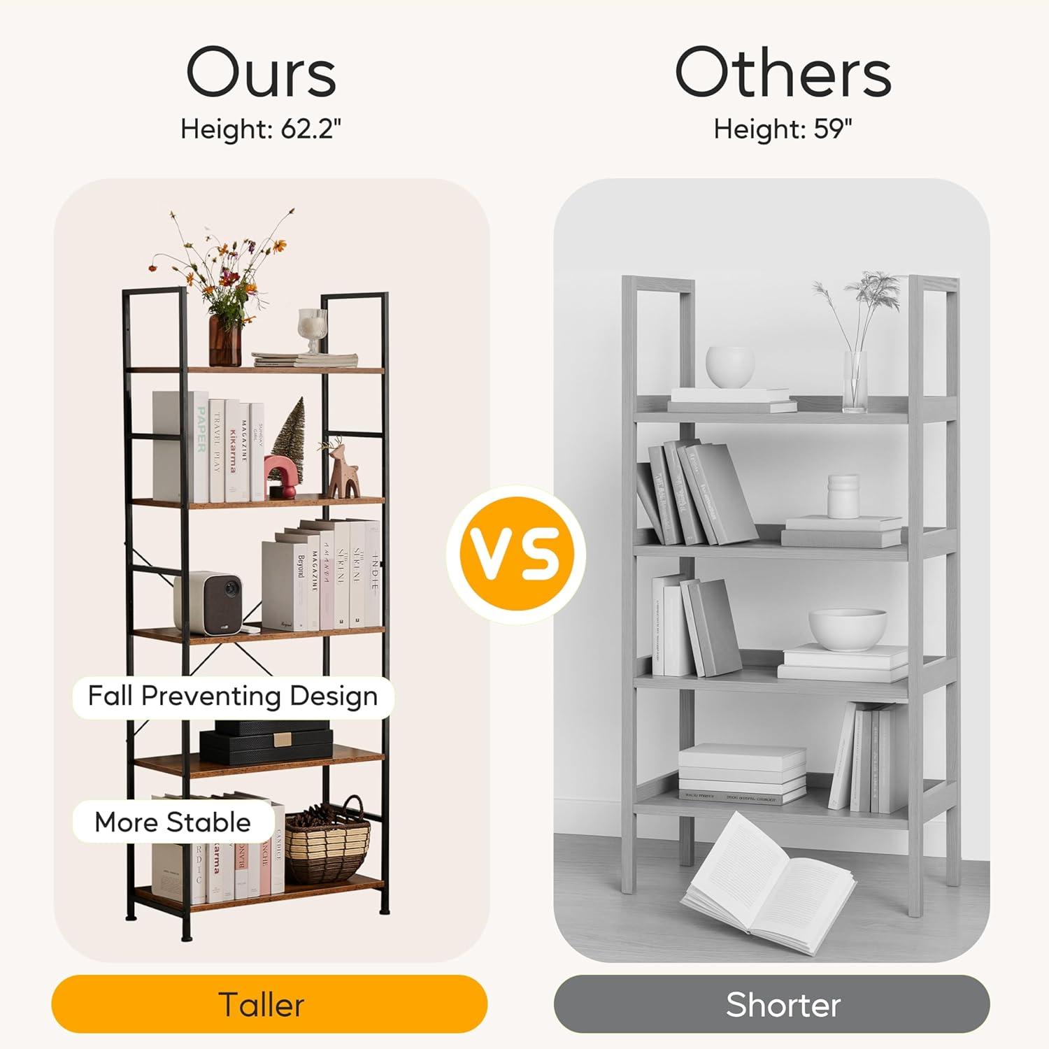 imageHealSmart 5 Tier Bookshelf Free Standing Book Shelf Home Office Bookcase Shelf Storage Organizer for Bedroom Living Room Bathroom Office Balcony Rustic BrownRustic Brown