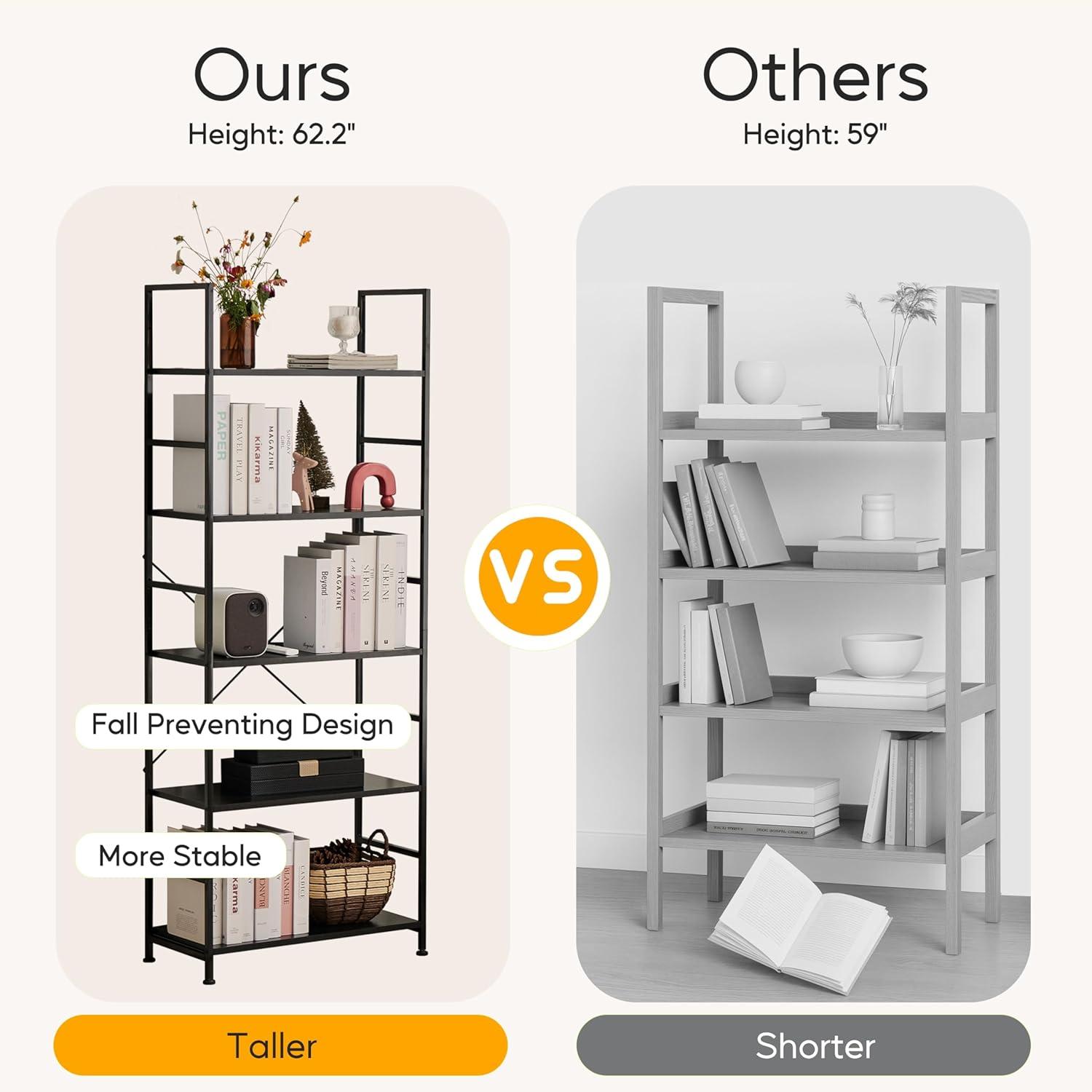 imageHealSmart 5 Tier Bookshelf Free Standing Book Shelf Home Office Bookcase Shelf Storage Organizer for Bedroom Living Room Bathroom Office Balcony Rustic BrownBlack