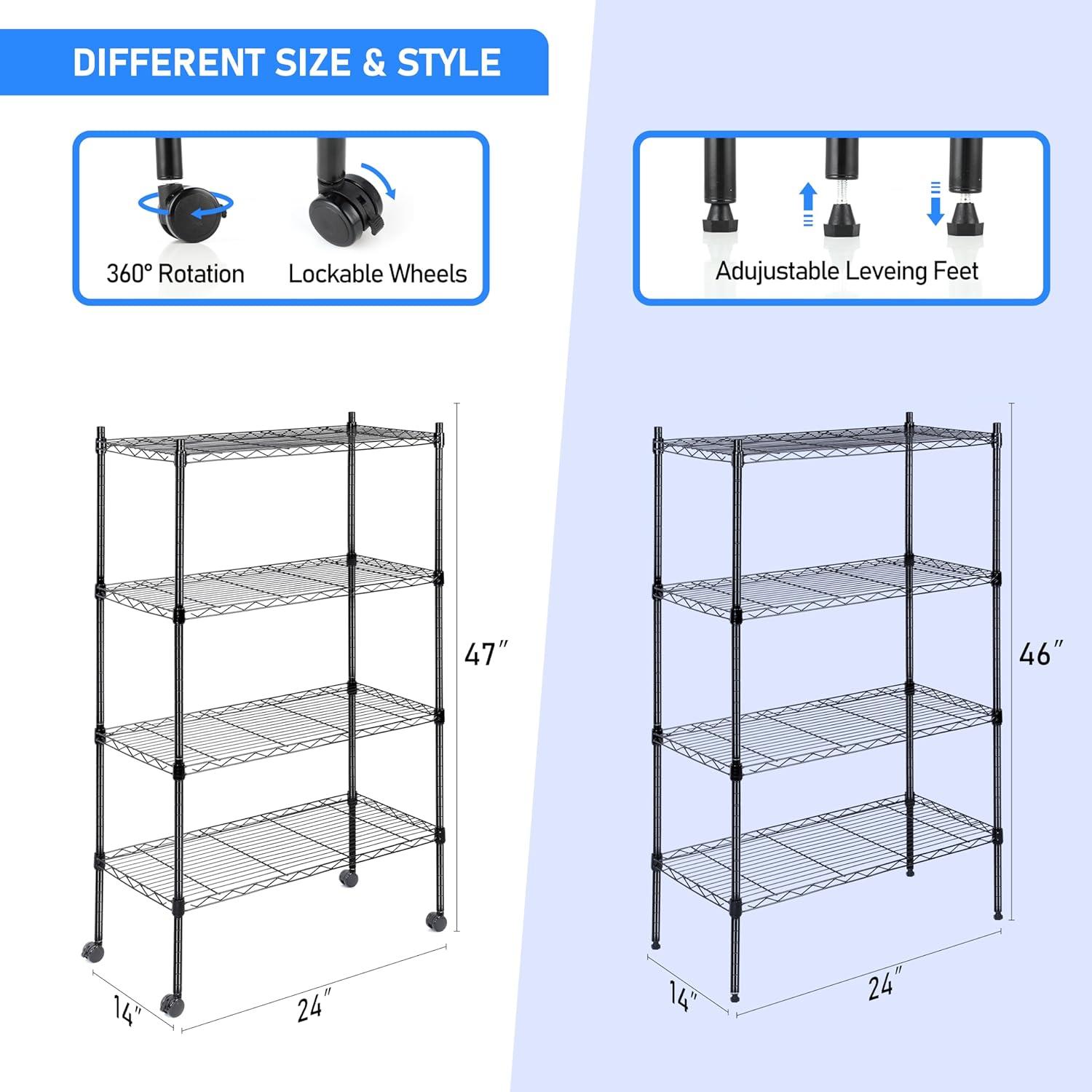 imageHealSmart Heavy Duty 3Tier Shelving Units  Adjustable Wire Shelves with 750 lbs Capacity 250 lbs per Shelf 30quot D x 14quot W x 24quot H Black 3 Levels Storage Shelf with Wheels ampamp Leveling Feet24 x 14 x 47   4 Tier