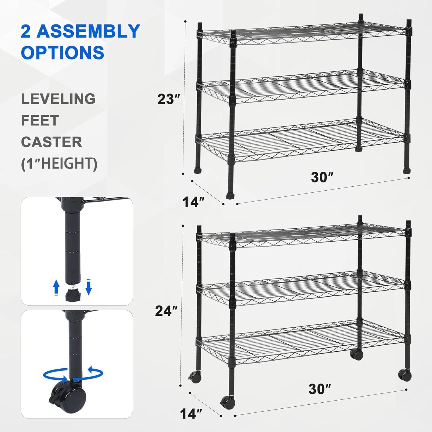 imageHealSmart Heavy Duty 3Tier Shelving Units  Adjustable Wire Shelves with 750 lbs Capacity 250 lbs per Shelf 30quot D x 14quot W x 24quot H Black 3 Levels Storage Shelf with Wheels ampamp Leveling Feet24x 14 x 30  3 Tier