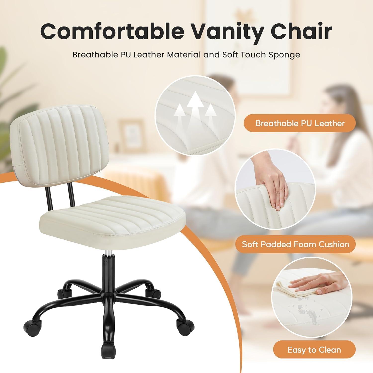 imageHealSmart Small Office Desk Chair with Wheels Armless Desk Chair with Lumbar Support PU Leather Low Back Adjustable Height 360 Rolling Swivel Task Chair Without Arm for Home BedroomOffice BlackBeige