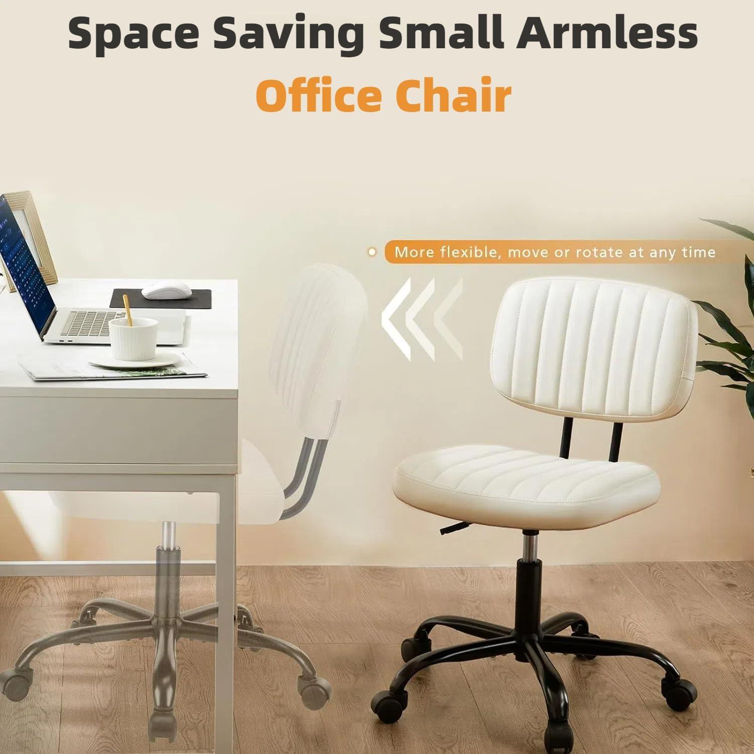 imageHealSmart Small Office Desk Chair with Wheels Armless Desk Chair with Lumbar Support PU Leather Low Back Adjustable Height 360 Rolling Swivel Task Chair Without Arm for Home BedroomOffice BlackBeige