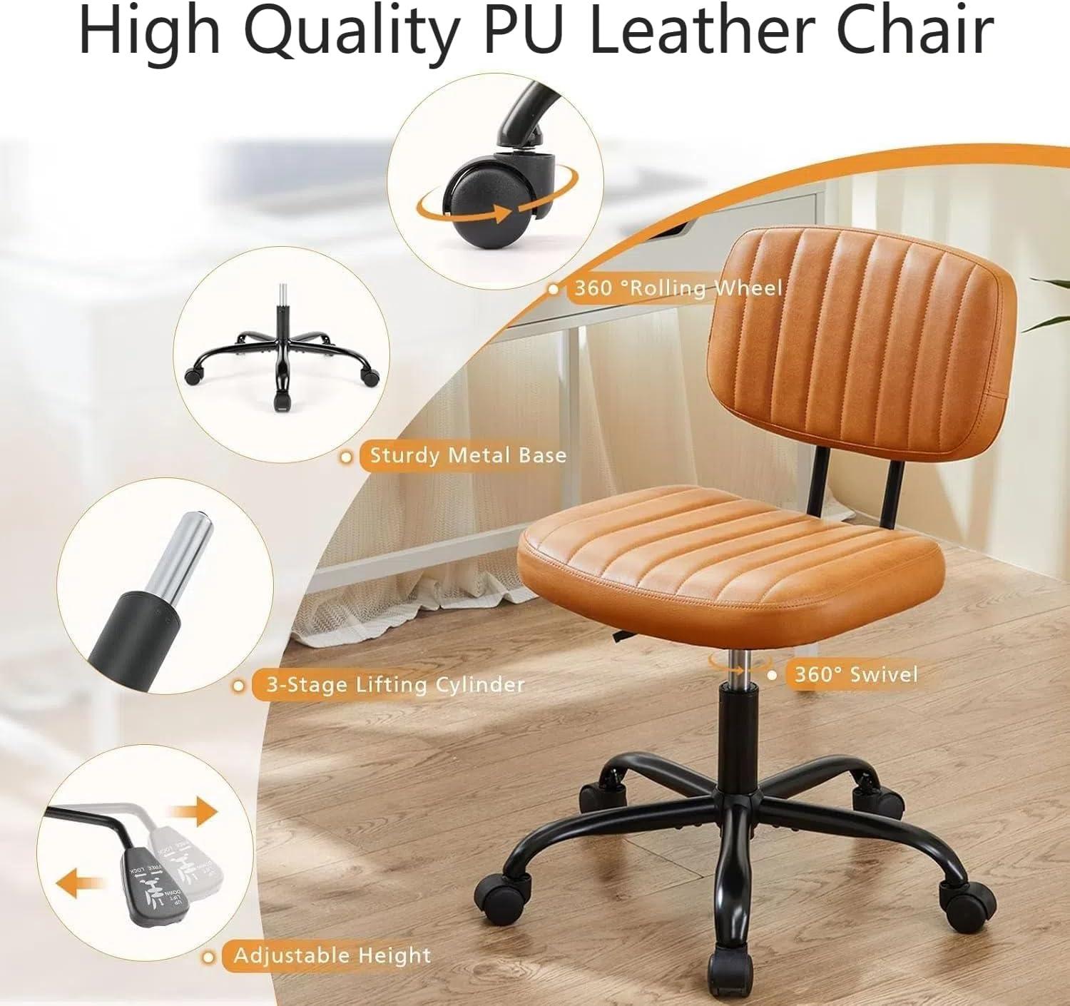 imageHealSmart Small Office Desk Chair with Wheels Armless Desk Chair with Lumbar Support PU Leather Low Back Adjustable Height 360 Rolling Swivel Task Chair Without Arm for Home BedroomOffice BlackBrown