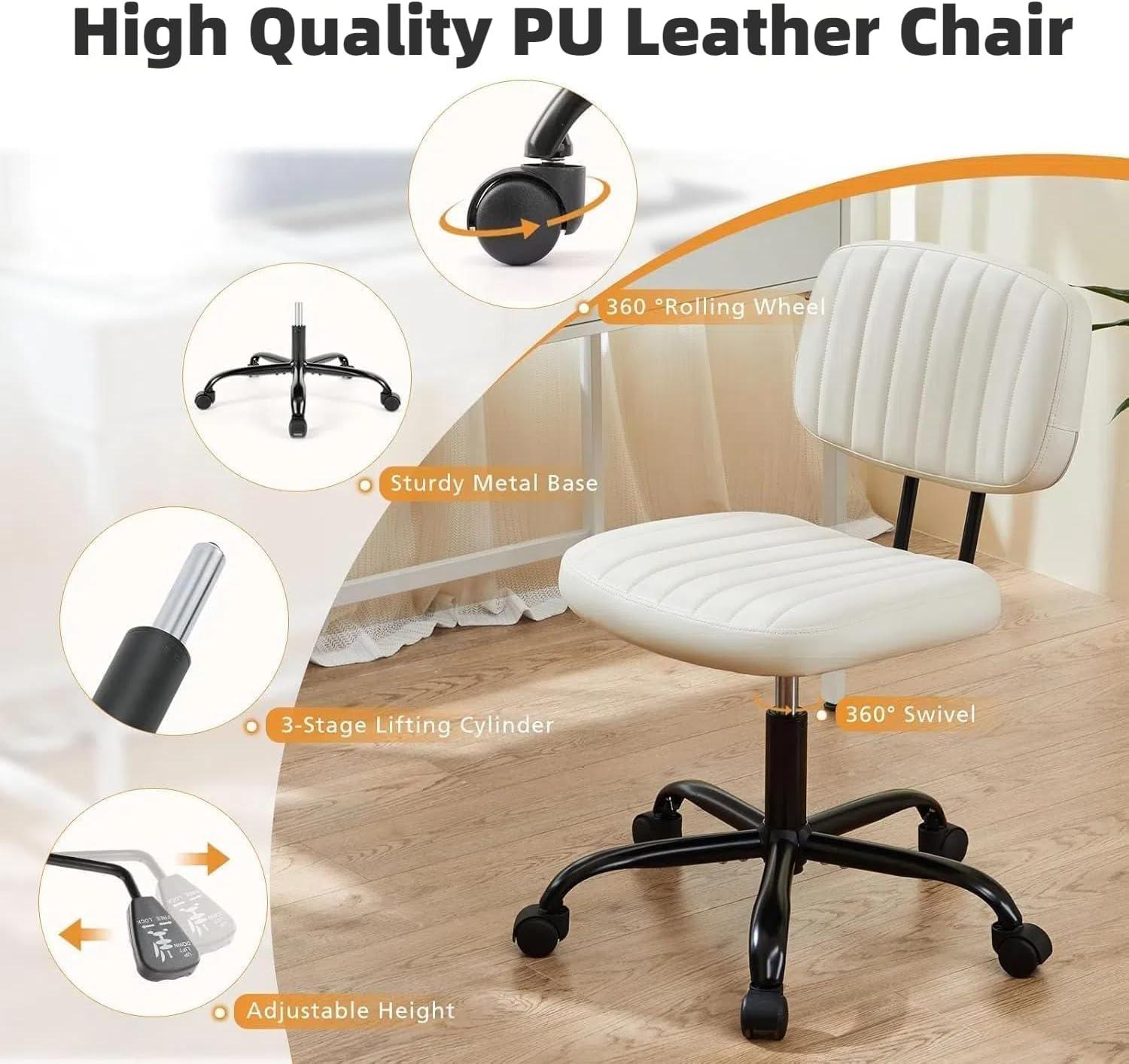 imageHealSmart Small Office Desk Chair with Wheels Armless Desk Chair with Lumbar Support PU Leather Low Back Adjustable Height 360 Rolling Swivel Task Chair Without Arm for Home BedroomOffice BlackBeige