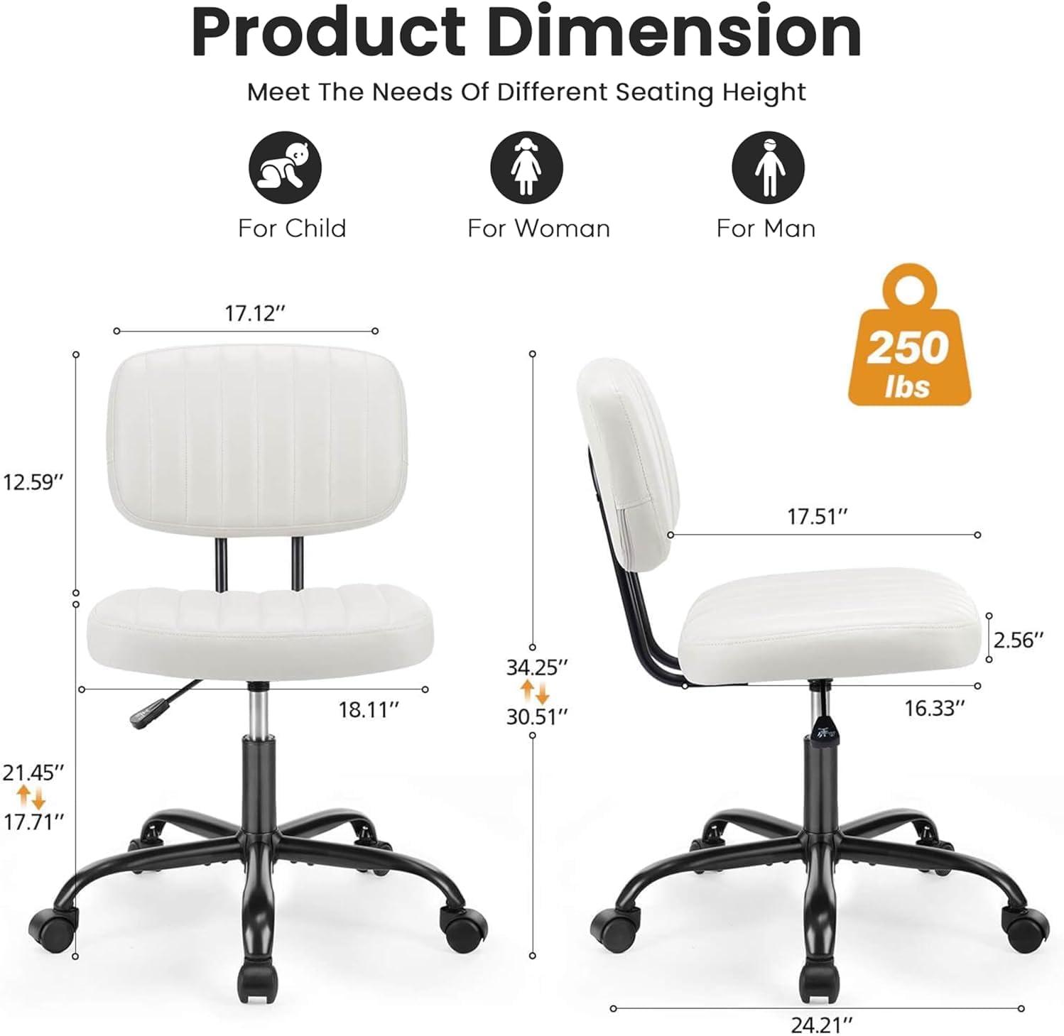 imageHealSmart Small Office Desk Chair with Wheels Armless Desk Chair with Lumbar Support PU Leather Low Back Adjustable Height 360 Rolling Swivel Task Chair Without Arm for Home BedroomOffice BlackBeige