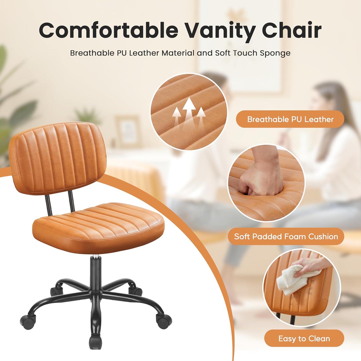 imageHealSmart Small Office Desk Chair with Wheels Armless Desk Chair with Lumbar Support PU Leather Low Back Adjustable Height 360 Rolling Swivel Task Chair Without Arm for Home BedroomOffice BlackBrown