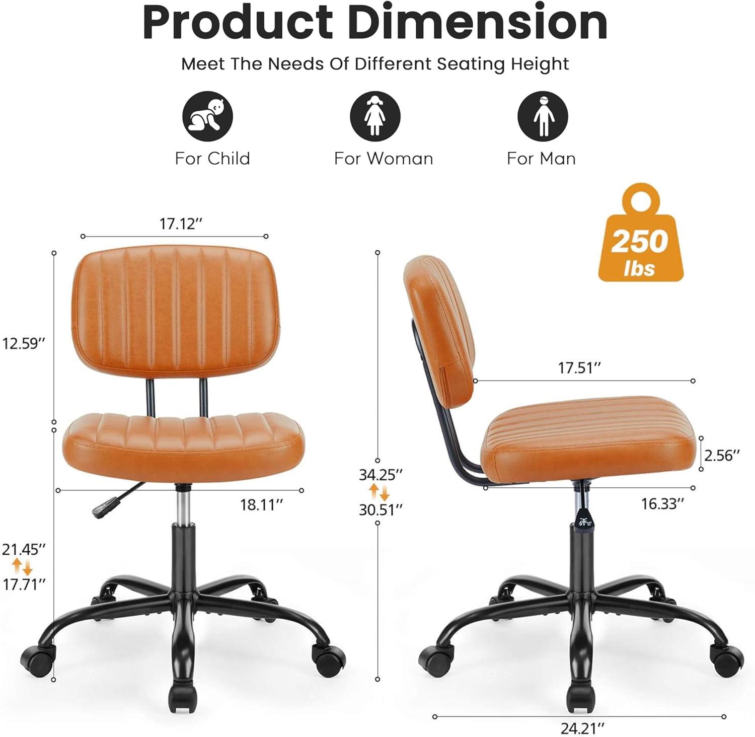 imageHealSmart Small Office Desk Chair with Wheels Armless Desk Chair with Lumbar Support PU Leather Low Back Adjustable Height 360 Rolling Swivel Task Chair Without Arm for Home BedroomOffice BlackBrown