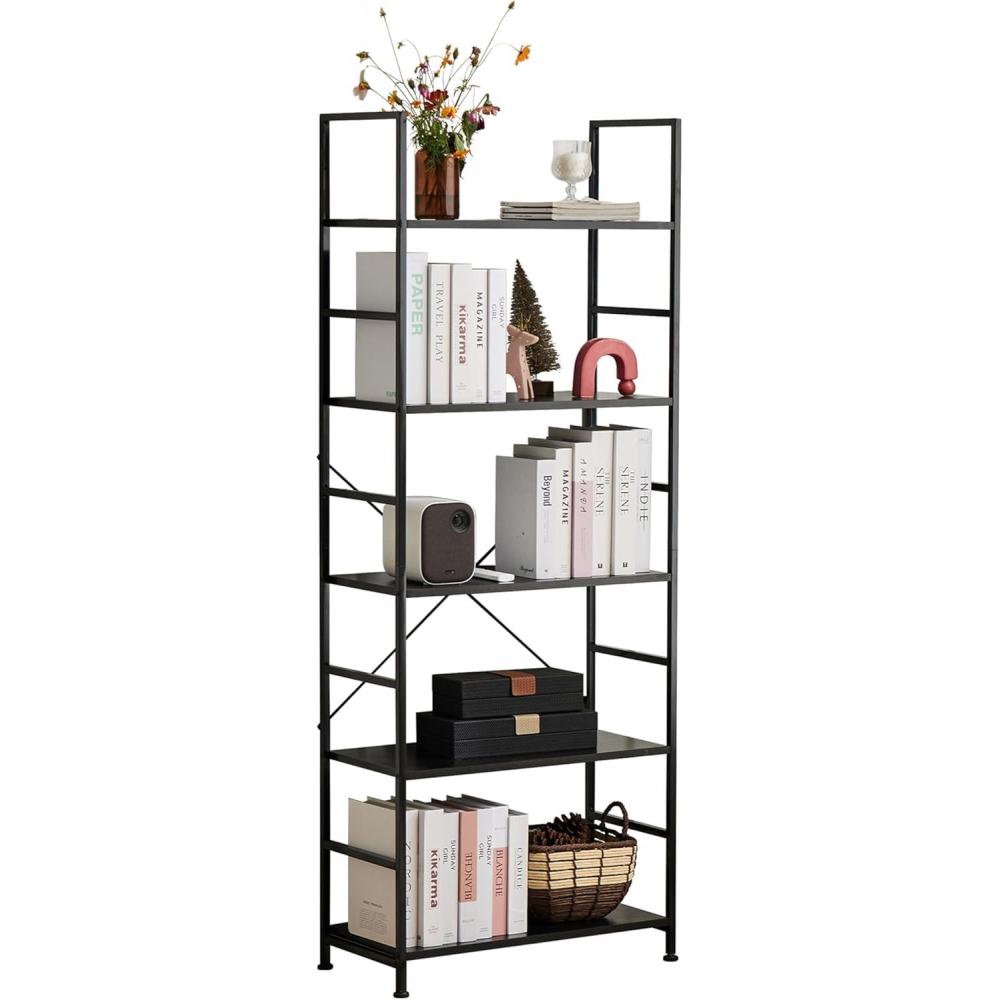 imageHealSmart 5 Tier Bookshelf Free Standing Book Shelf Home Office Bookcase Shelf Storage Organizer for Bedroom Living Room Bathroom Office Balcony Rustic BrownBlack