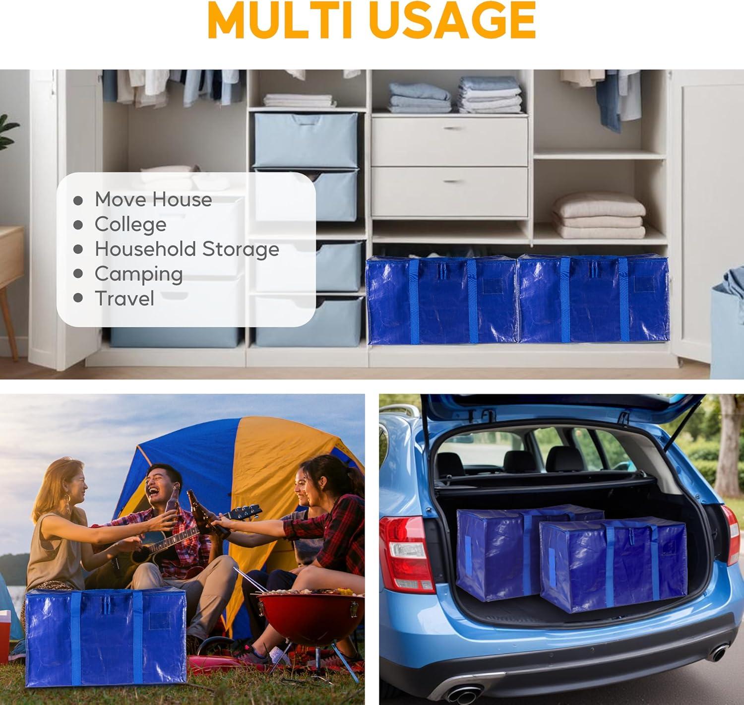 imageHealSmart 6 Pack Large Moving Bags with Zippers ampamp Handles Moving Supplies with lids Heavy Duty Totes for Space Saving Fold Flat Moving and Storing ClearBlue