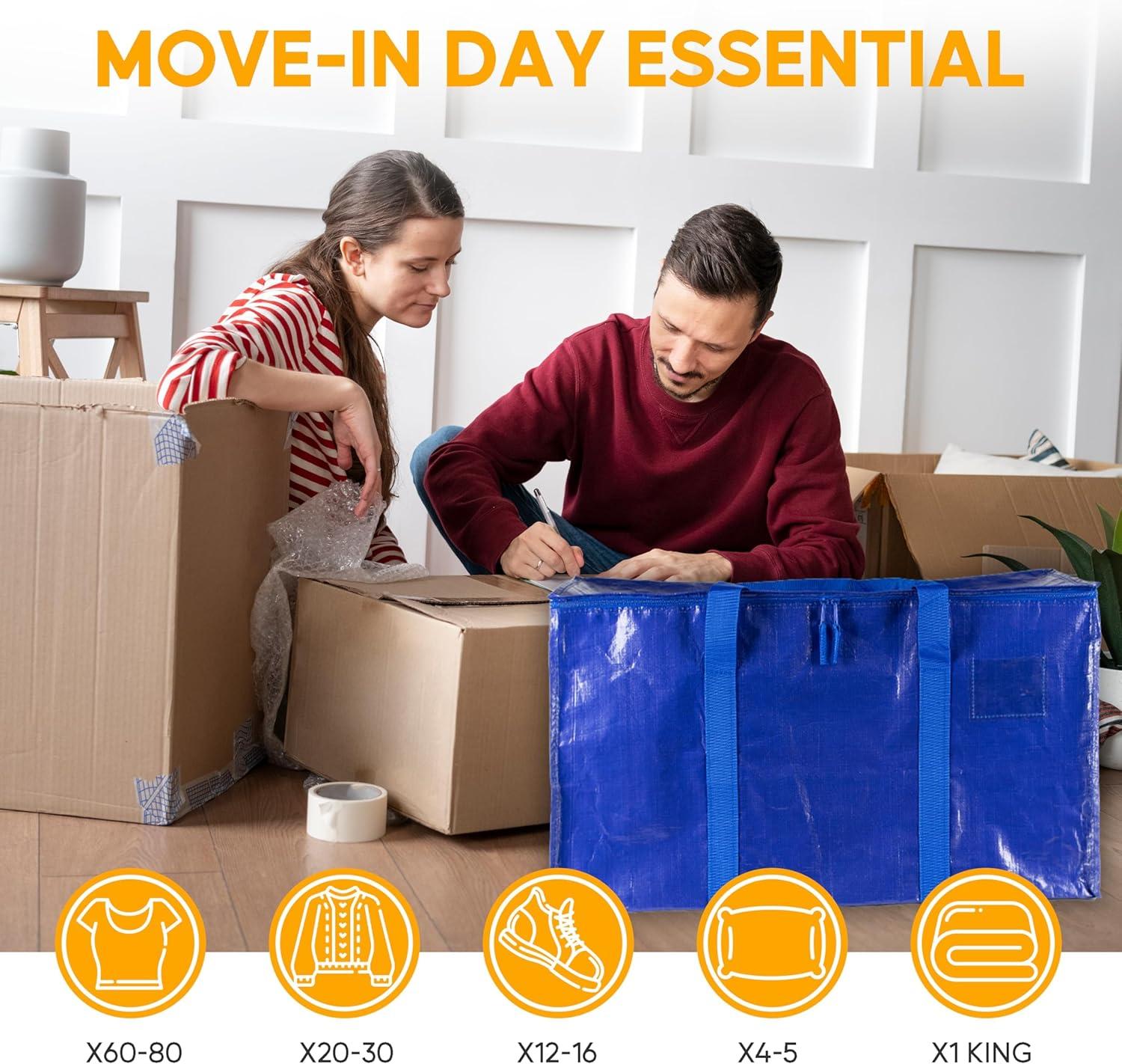 imageHealSmart 6 Pack Large Moving Bags with Zippers ampamp Handles Moving Supplies with lids Heavy Duty Totes for Space Saving Fold Flat Moving and Storing ClearBlue