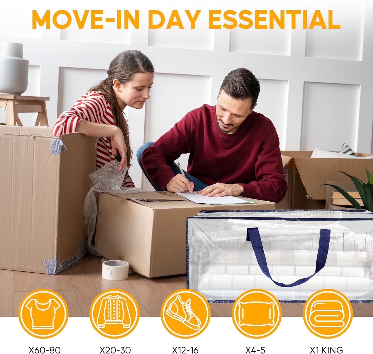 imageHealSmart 6 Pack Large Moving Bags with Zippers ampamp Handles Moving Supplies with lids Heavy Duty Totes for Space Saving Fold Flat Moving and Storing ClearClear