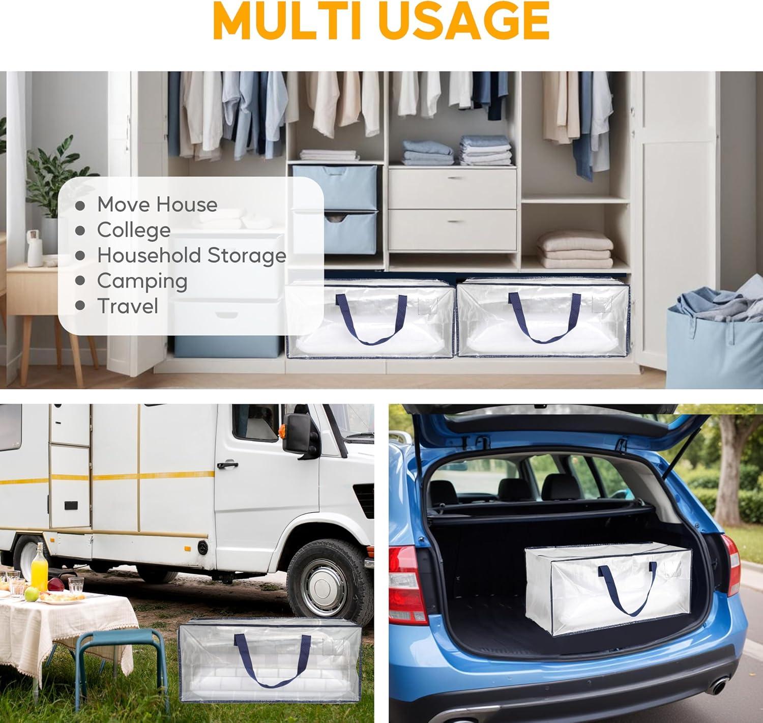 imageHealSmart 6 Pack Large Moving Bags with Zippers ampamp Handles Moving Supplies with lids Heavy Duty Totes for Space Saving Fold Flat Moving and Storing ClearClear