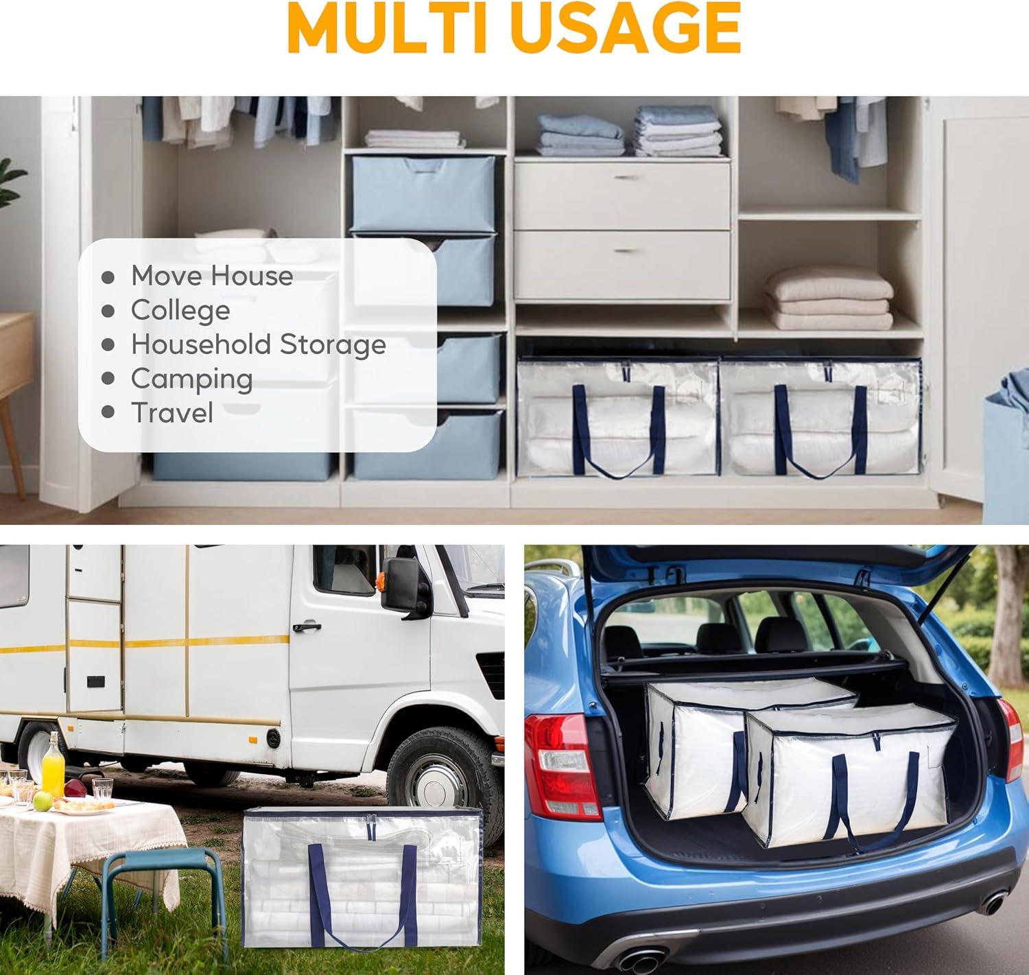 imageHealSmart 6 Pack Large Moving Bags with Zippers ampamp Handles Moving Supplies with lids Heavy Duty Totes for Space Saving Fold Flat Moving and Storing ClearClear