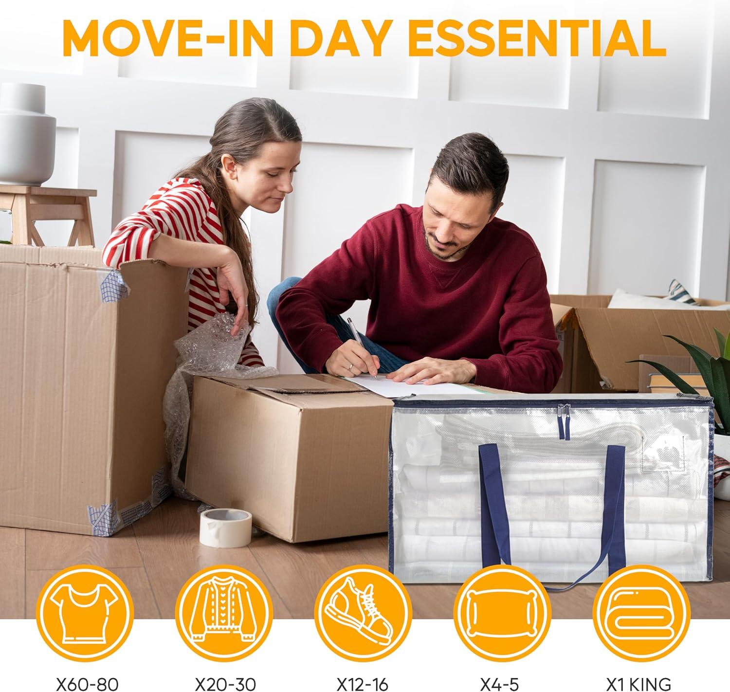 imageHealSmart 6 Pack Large Moving Bags with Zippers ampamp Handles Moving Supplies with lids Heavy Duty Totes for Space Saving Fold Flat Moving and Storing ClearClear