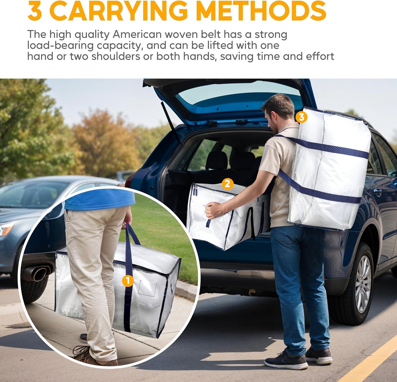 imageHealSmart 6 Pack Large Moving Bags with Zippers ampamp Handles Moving Supplies with lids Heavy Duty Totes for Space Saving Fold Flat Moving and Storing ClearClear